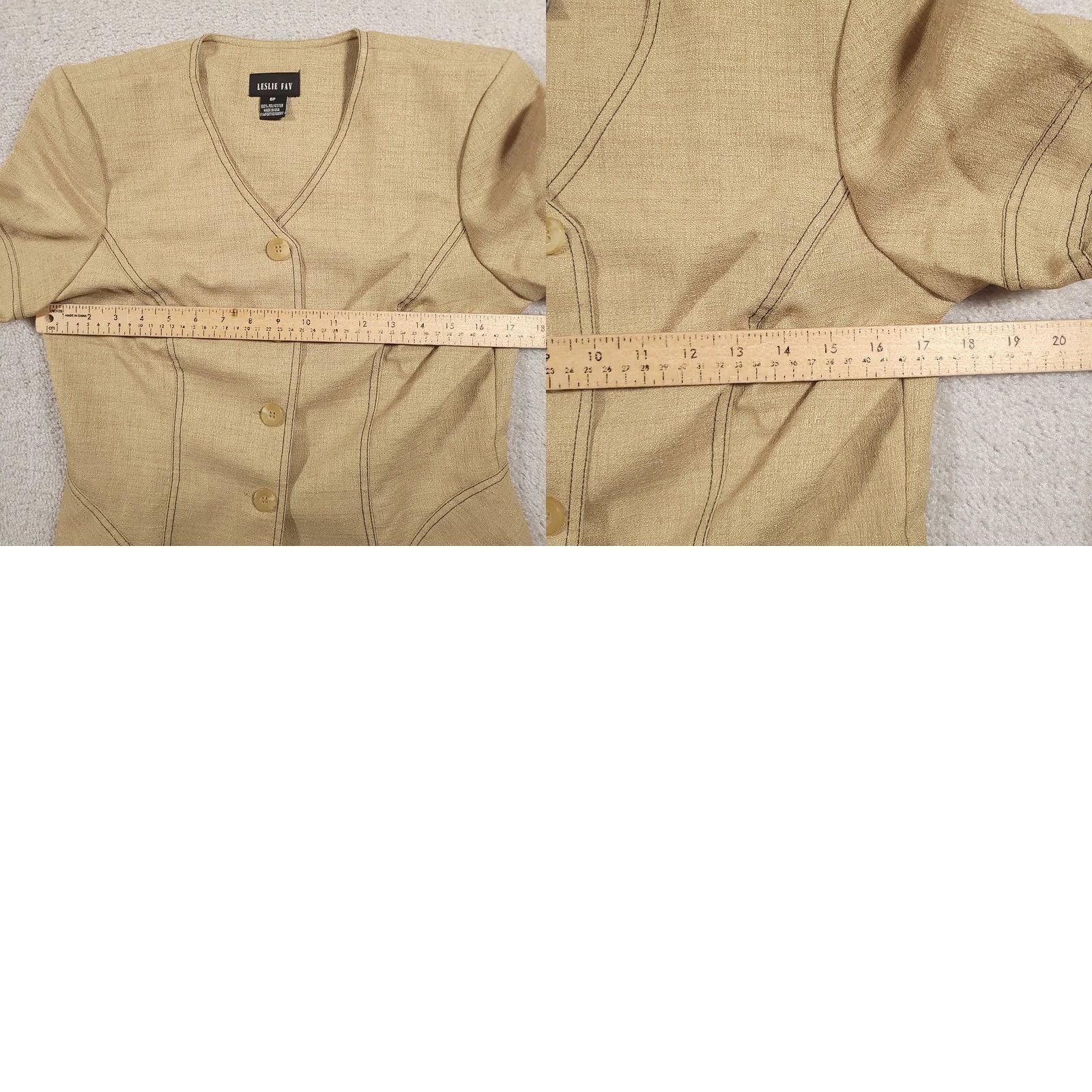Vintage Leslie Fay Blouse Womens 8P Beige Short Sleeve Button Front Fitted Top Made USA Size M / US 6-8 / IT 42-44 - 9 Thumbnail