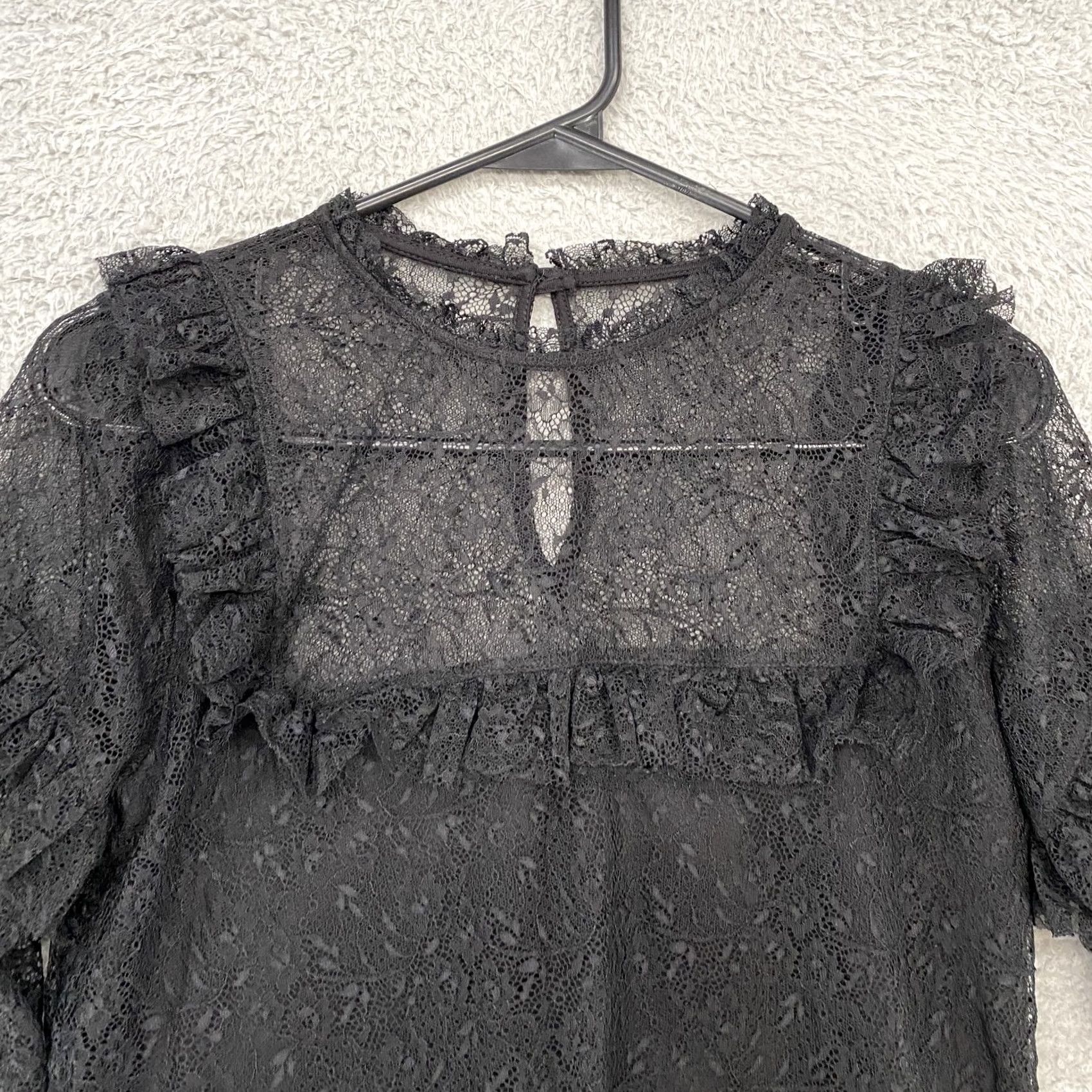 Vintage Audrey Parks Blouse Womens Small Lace Goth Victorian Y2K Floral Crew Neck Long Sleeve Ruffle Button Sheer Back Lined Black Size S / US 4 / IT 40 - 2 Thumbnail