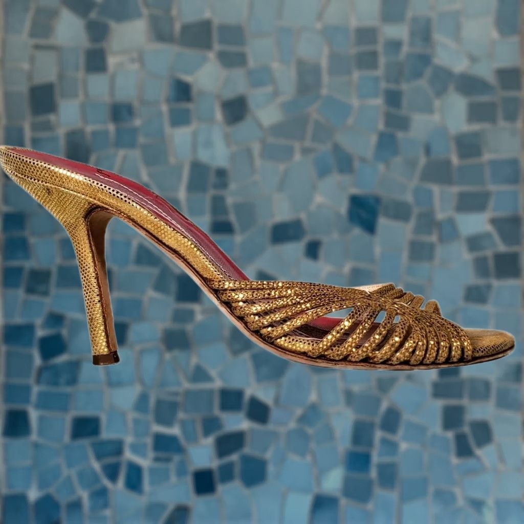Vintage Kate Spade New York Gold Metallic Leather Open Toe Slip On High Heels Women US 7.5 B Italy Stiletto Size US 8 / IT 38 - 1 Thumbnail