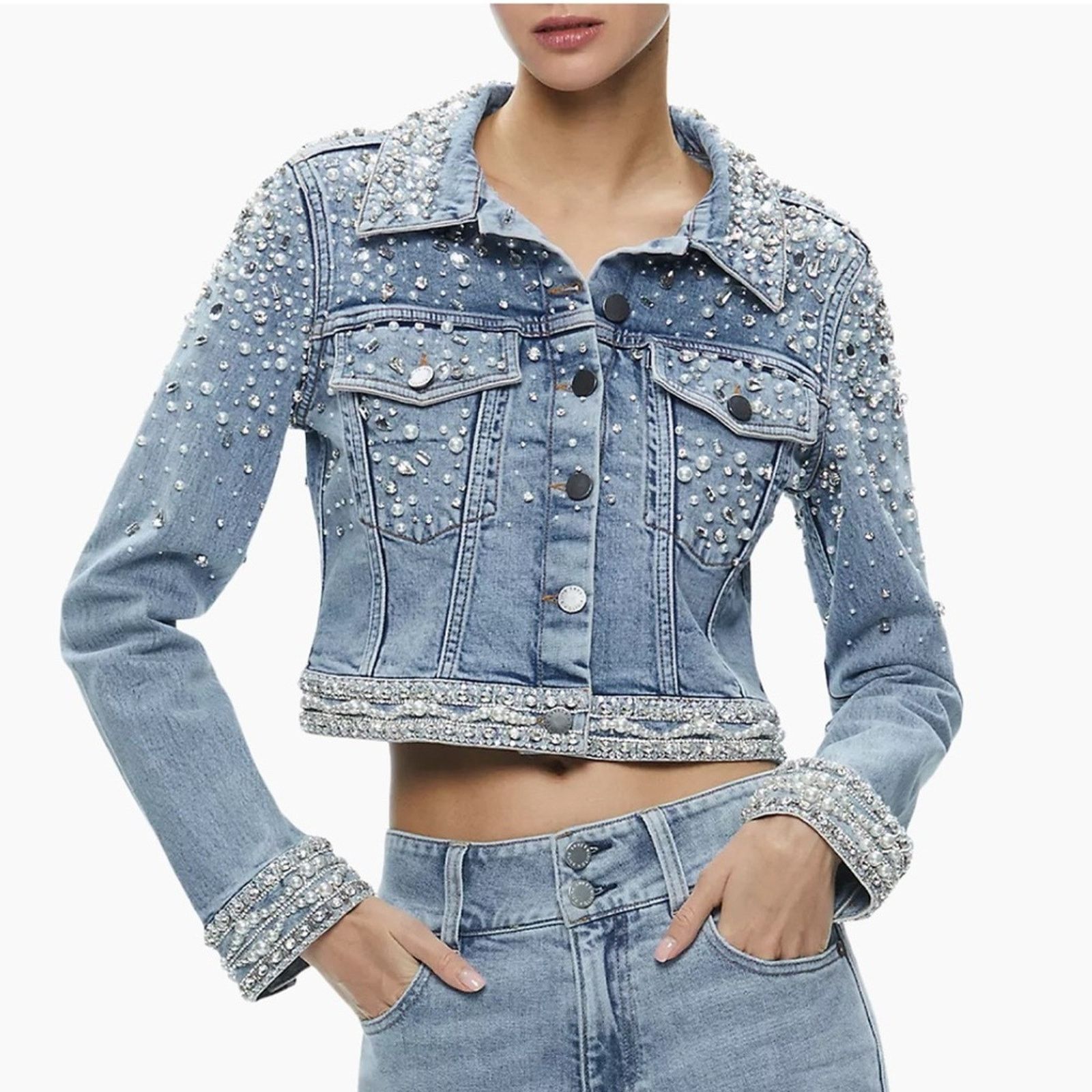 Alice + Olivia NWOT! Alice + Olivia Nelson Embellished Denim Jacket Size XS Size XS / US 0-2 / IT 36-38 - 6 Thumbnail