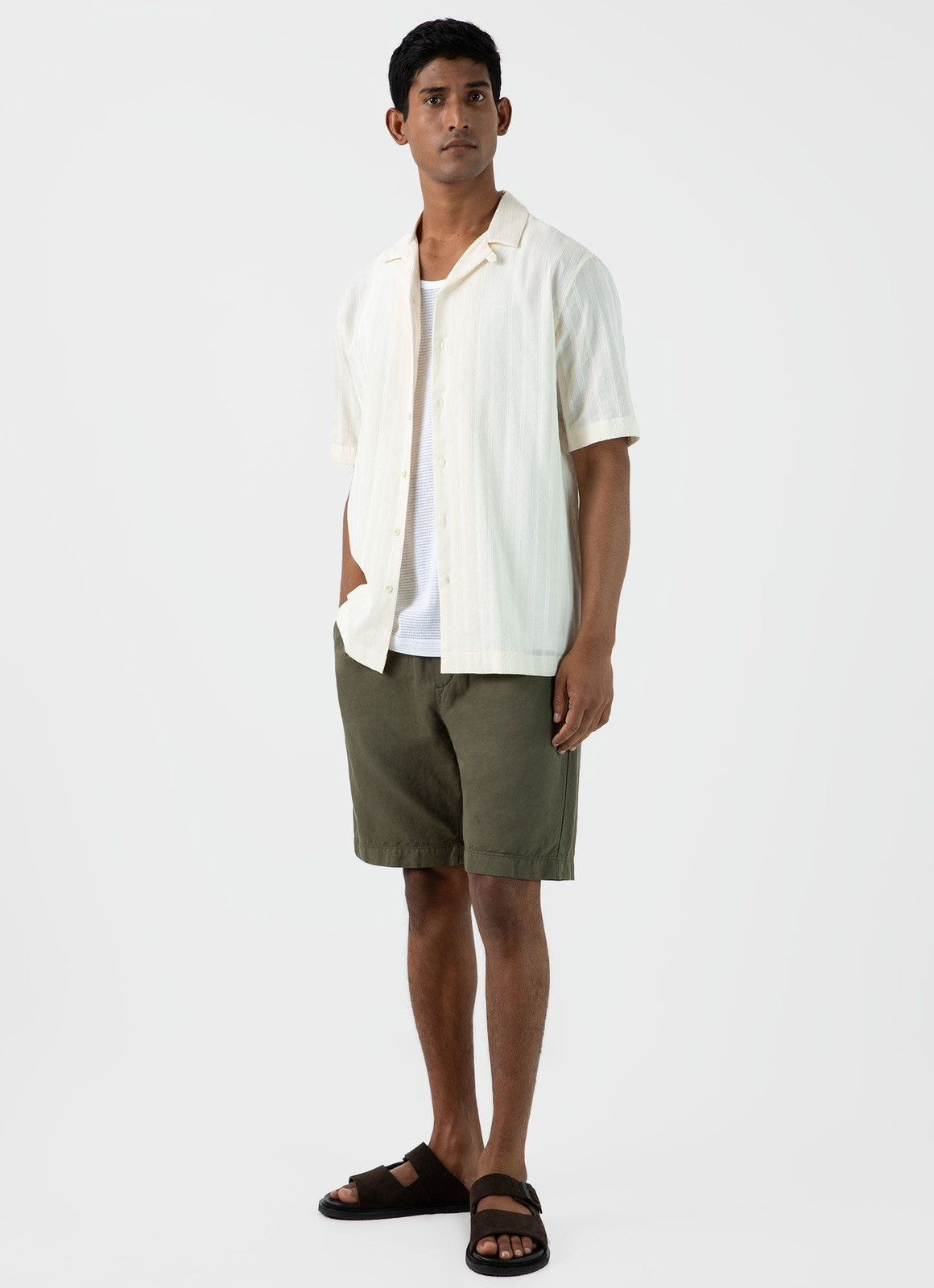 Sunspel Men’s S/S Embroidered Stripe Shirt in Ecru Size US M / EU 48-50 / 2 - 5 Thumbnail