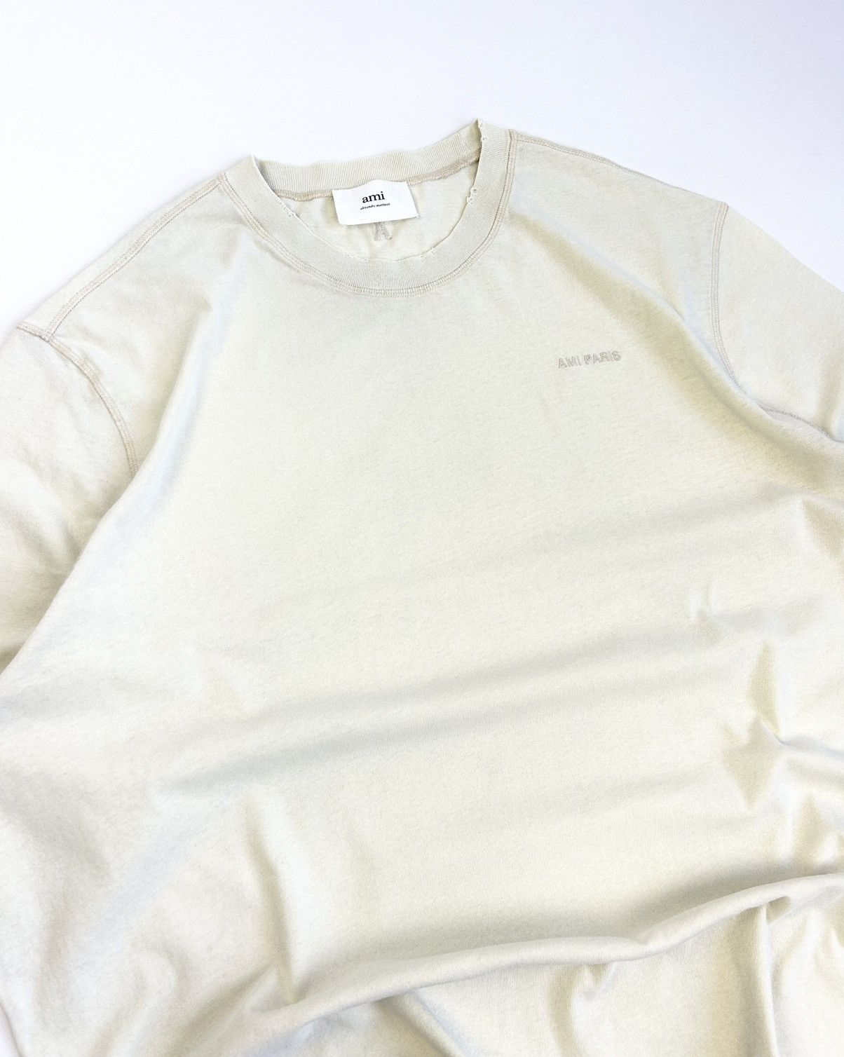 AMI AMI Paris Distressed Heart Logo Beige Basic Tee Vintage Size US XL / EU 56 / 4 - 5 Thumbnail