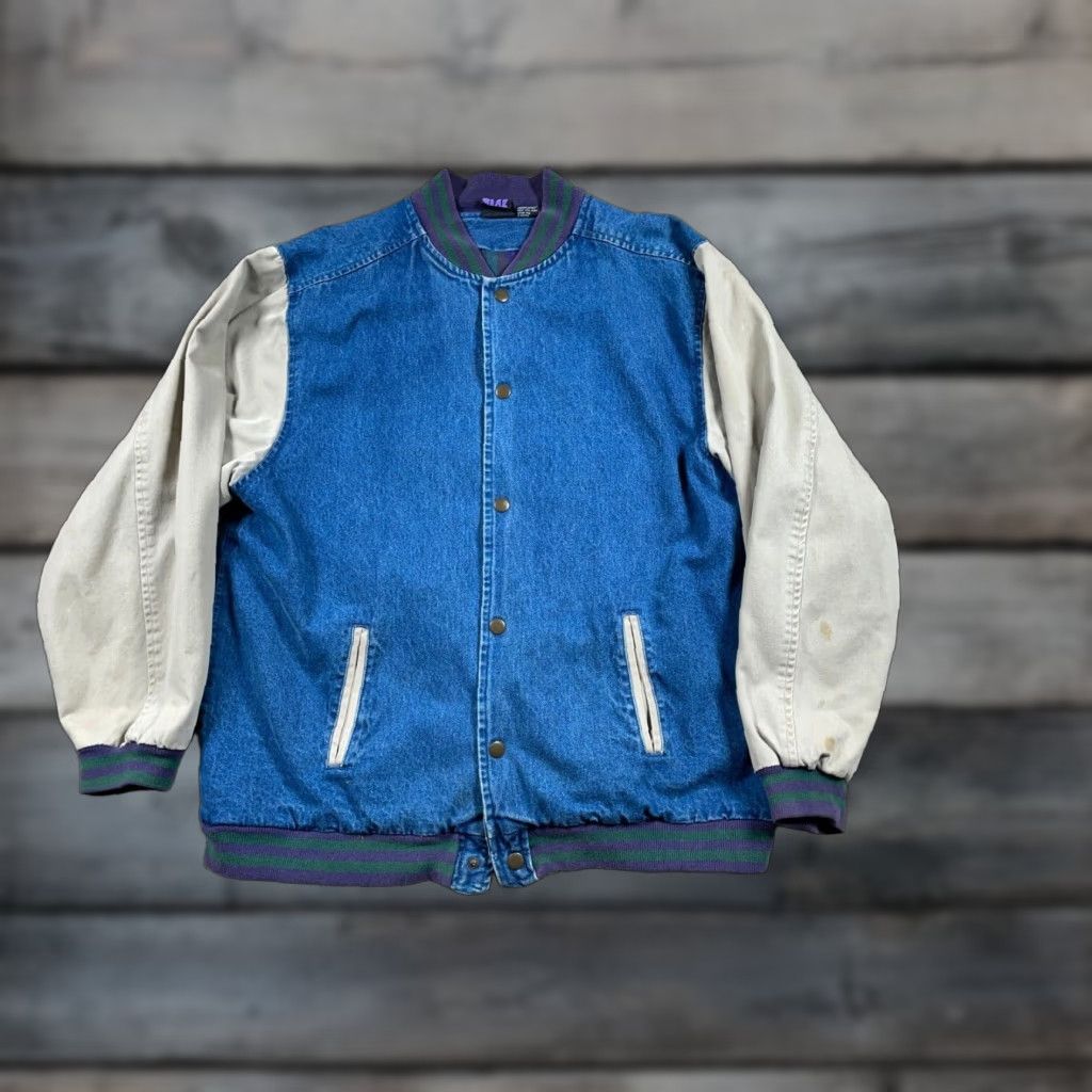 VINTAGE Denim Bomber Jacket Men XL Blue Beige Tartan Lining Snap Front 90s Retro Preppy Pockets