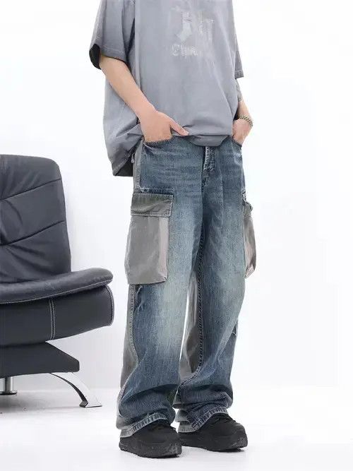 patchwork faded utility cargo jeans