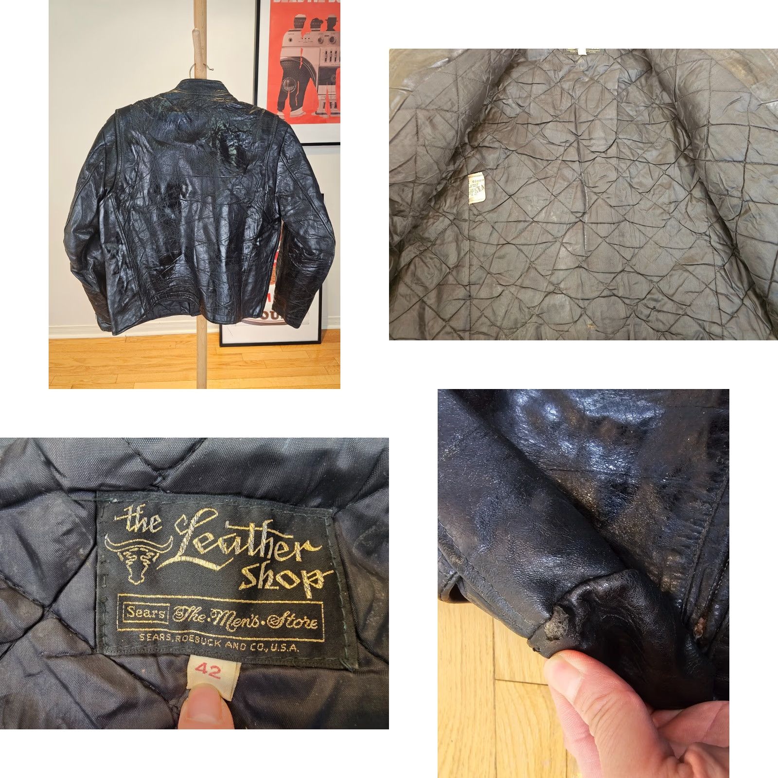 Sears VINTAGE Sears Motorcycle Leather Jacket Mens SZ 42 Black Leather Jacket 70's Insulated Size US XS / EU 42 / 0 - 9 Thumbnail