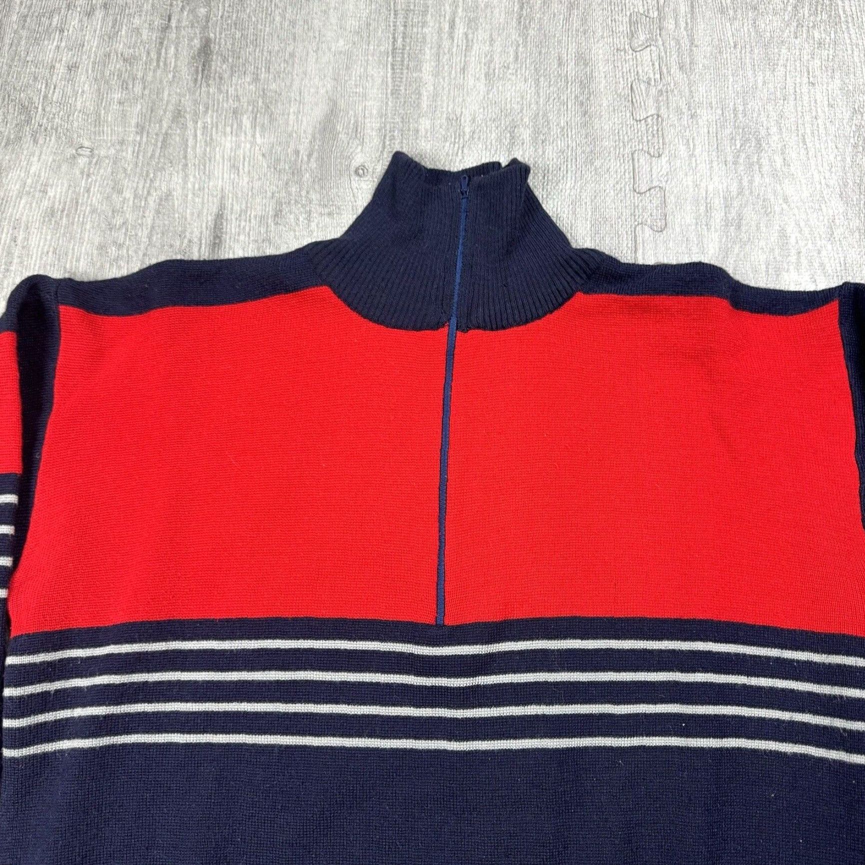 Vintage VTG Mount Cervin 1/4 Zip Mock Neck Ski Sweater Wool Blend Red Navy Grey XL Mens Vintage 80s Skiing Pattern Striped Military/Retro Knit 1/4 Zip Sweater Size US XL / EU 56 / 4 - 2 Thumbnail