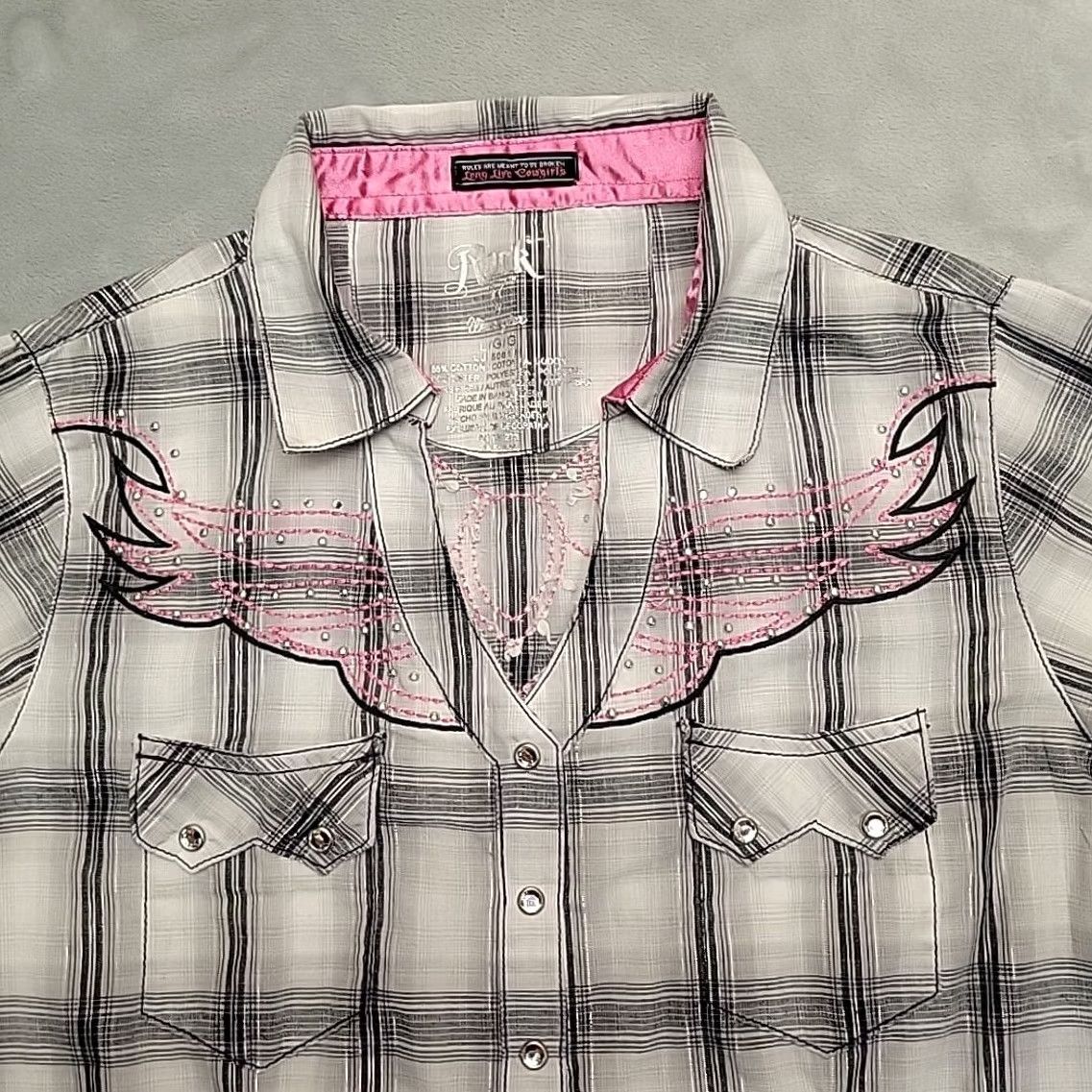 Wrangler Rock 47 Wrangler Shirt Women L Plaid Rhinestone Beaded Thick Stitch Western Snap Shirt Size L / US 10 / IT 46 - 3 Thumbnail