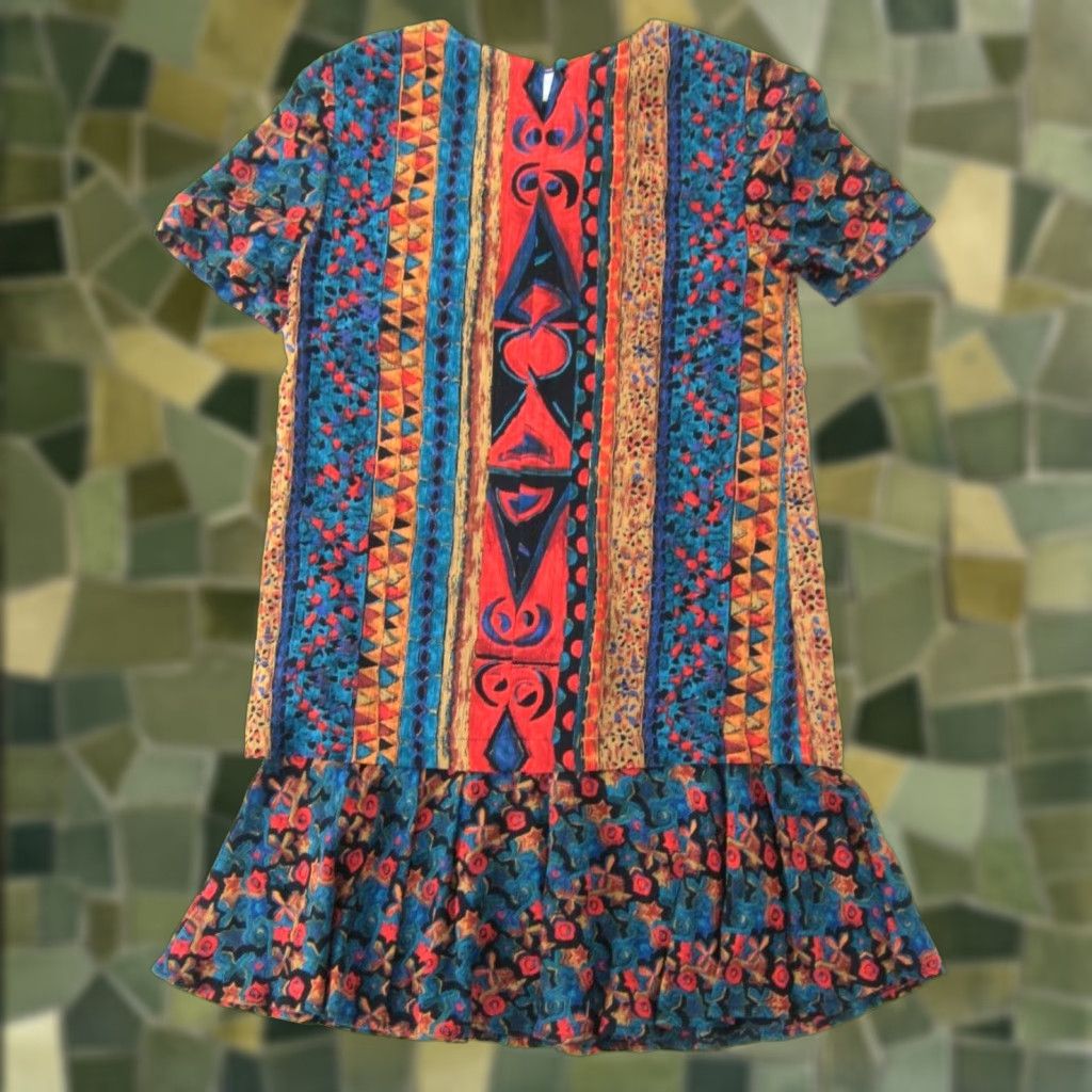 Vintage Vintage Carole Little Red Tunic Shift Dress 2P Short Sleeve Abstract Batik 90s Vintage Womens Dress 2P Size 26" / US 2 / IT 38 - 1 Thumbnail
