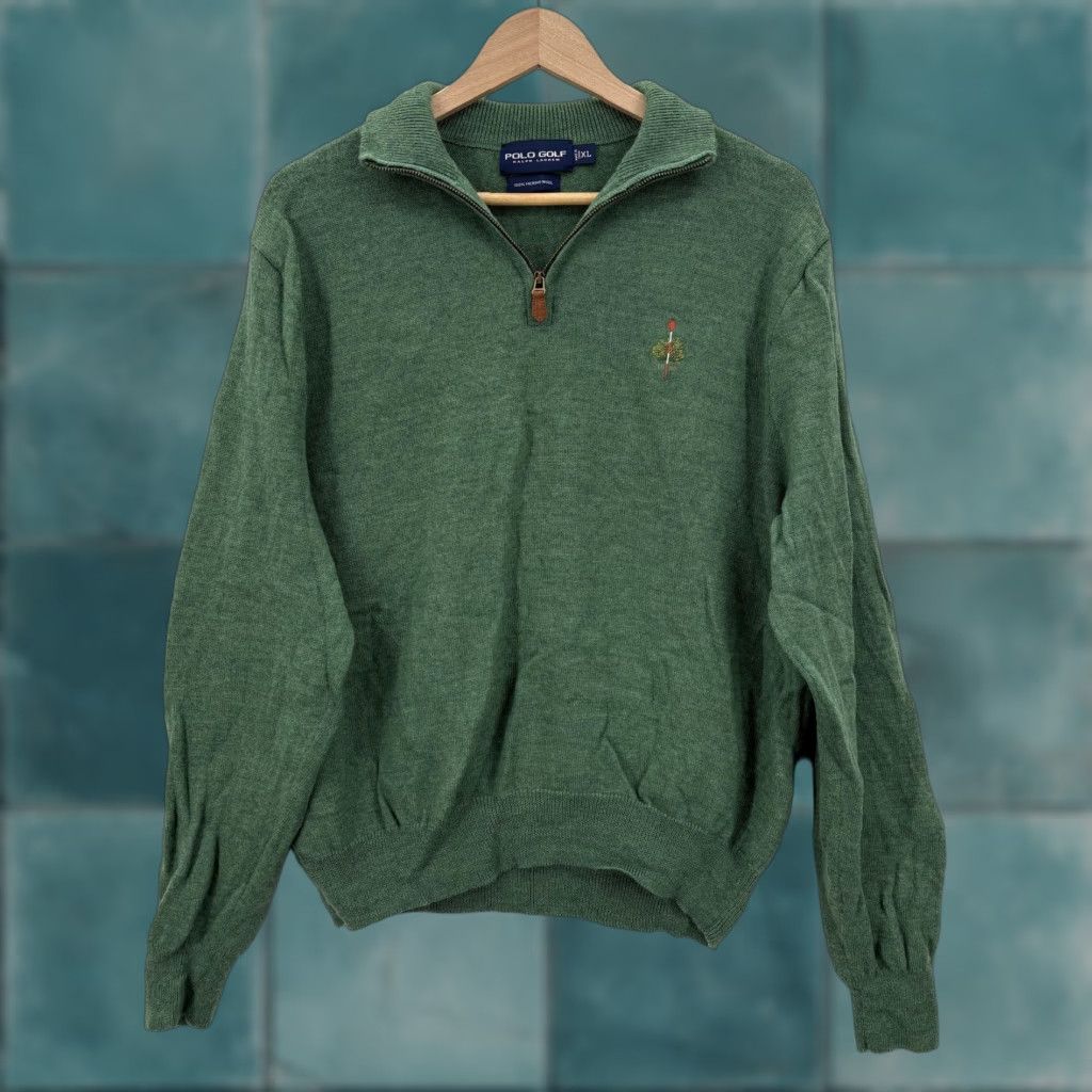 VINTAGE Polo Golf Ralph Lauren Sweater Mens XL Green 1/4 Zip Mock Neck Merino Wool Golf
