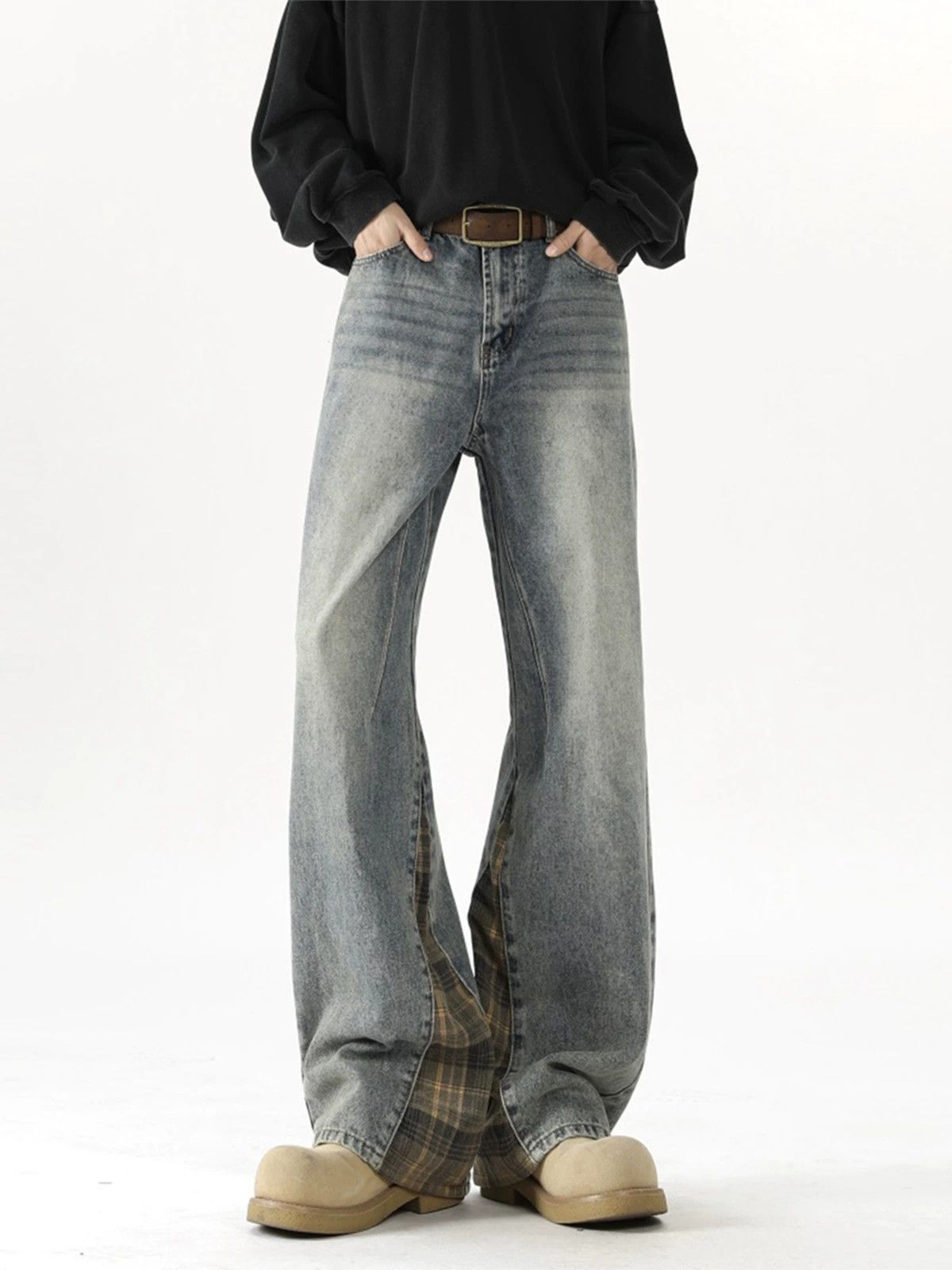 Jean Men's retro loose stitching straight plaid scimitar jeans Size US 32 / EU 48 - 1 Thumbnail