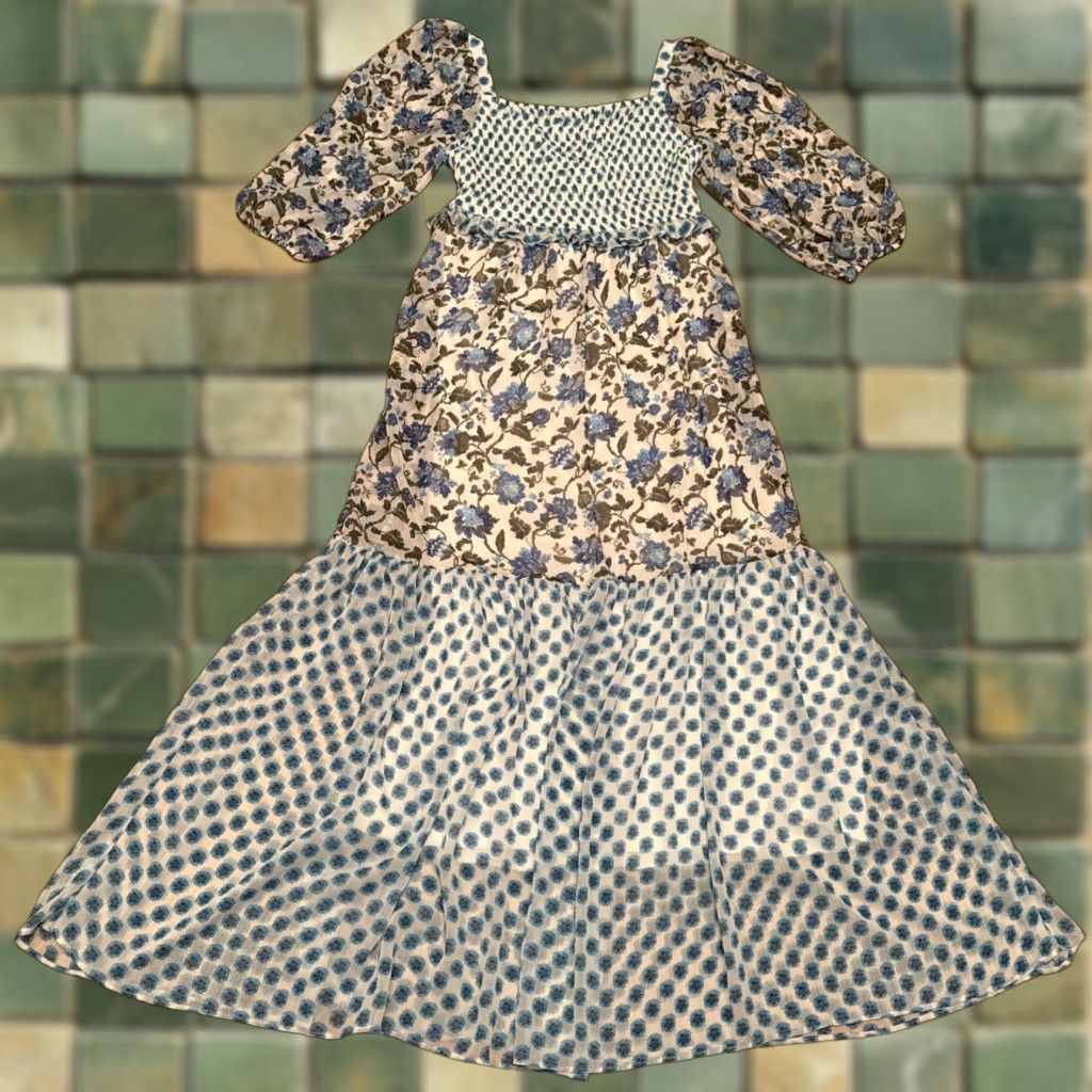 Vintage Taylor Maxi Dress Women Smith Taylor Sz 10 Chiffon blue floral Smocked Ruffle Sheer Tie Back Long Size L / US 10 / IT 46 - 1 Thumbnail