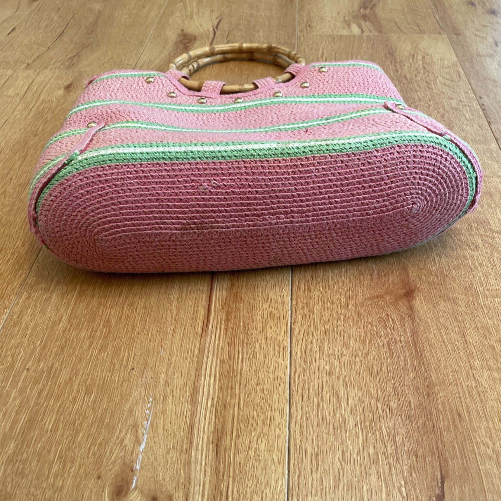 Vintage VTG Raphia Stripe Tote Bag Top Handle Bamboo Handles Pink Green Stripe Boho Women Small Size ONE SIZE - 4 Thumbnail