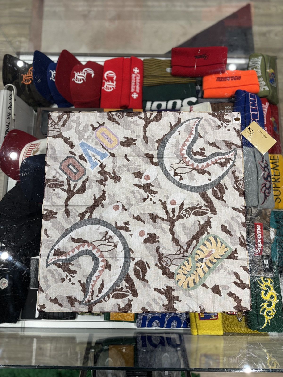 Bape × October's Very Own BAPE x OVO Woodland Camo Shark Bandana Beige Size ONE SIZE - 2 Thumbnail
