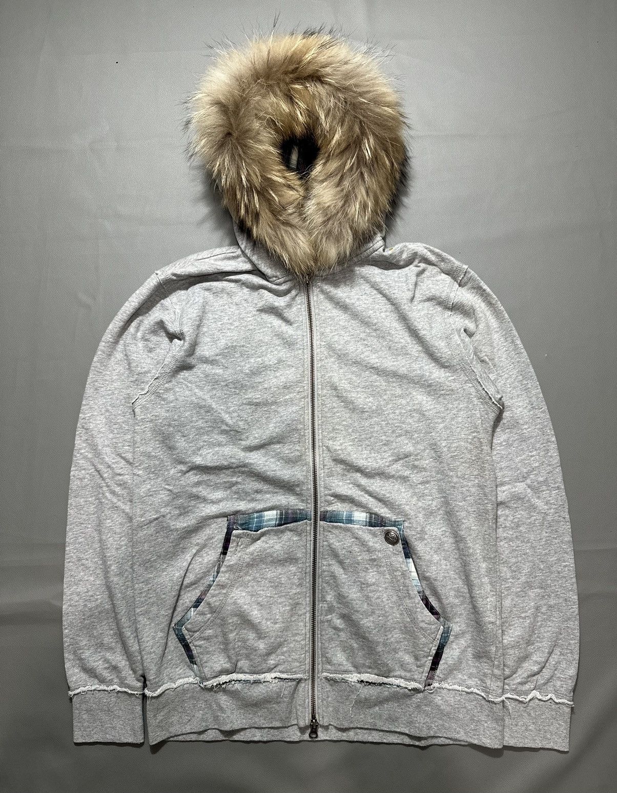 VINTAGE DISTRESSED FUR ZIP HOODIE DOUBLE POCKET SINCR 1906