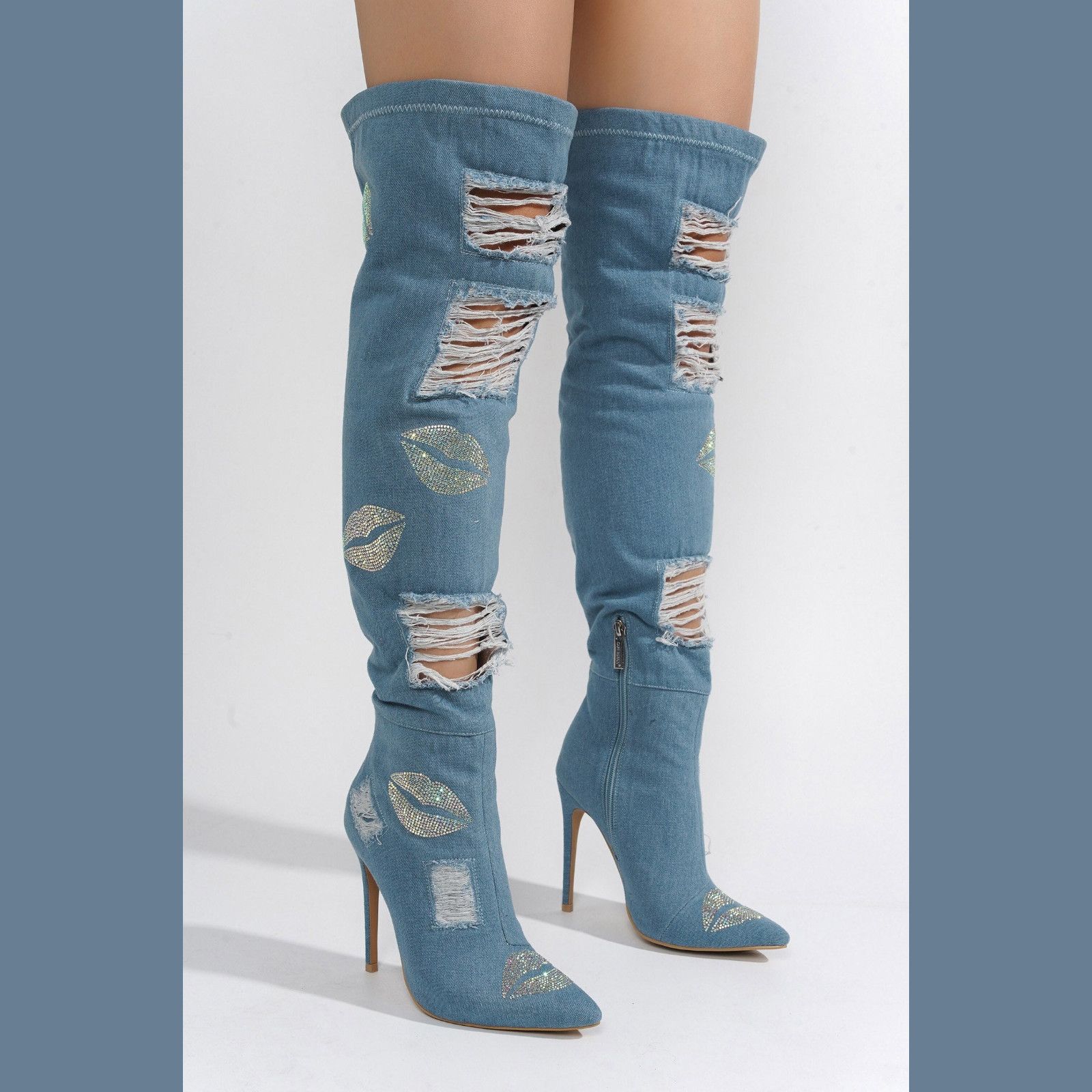 Other Kiss My - Blue Distressed Denim Thigh High Boots With Rhines Size US 6.5 / IT 36.5 - 1 Thumbnail