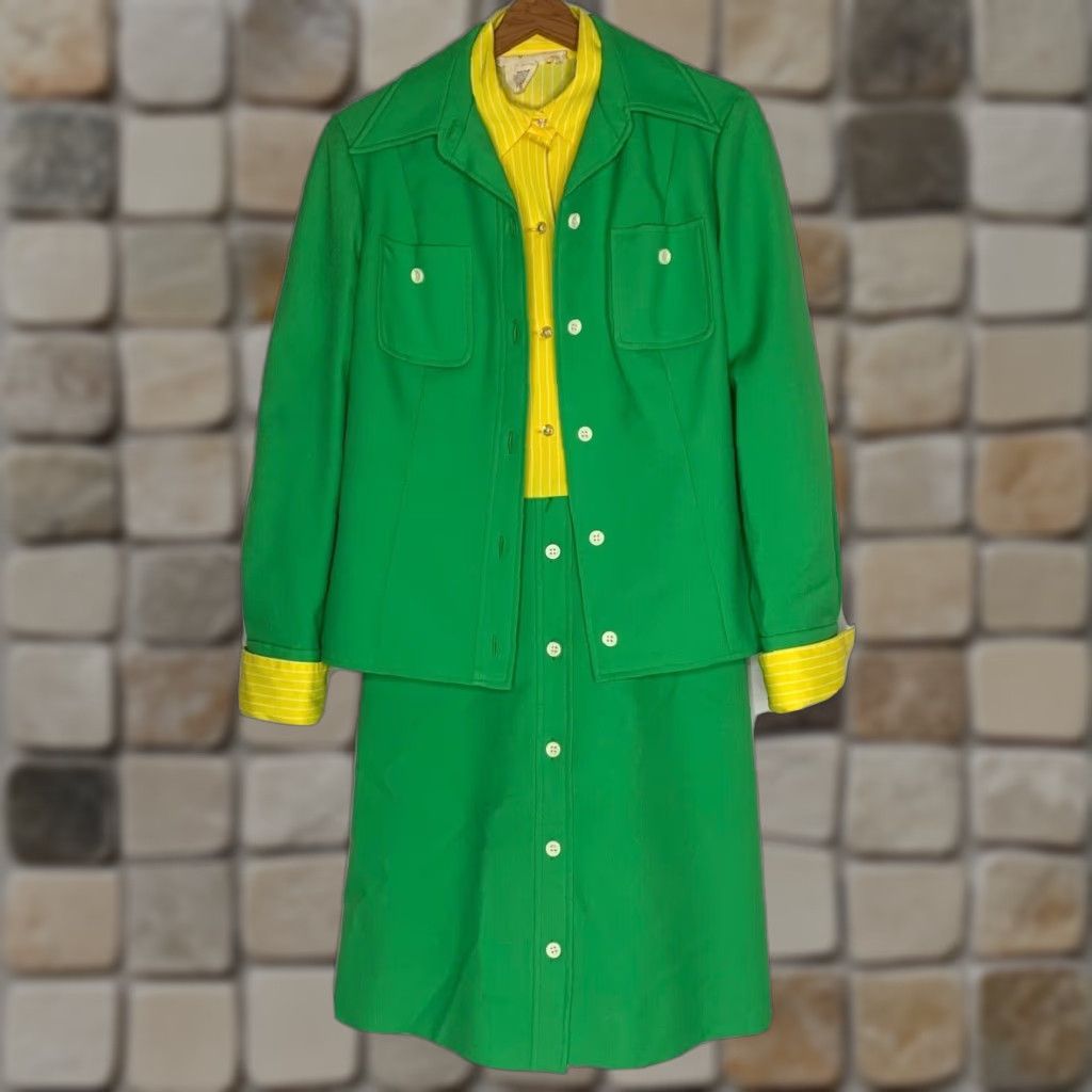 Vintage VINTAGE California Girl Dress and Jacket Set 1960s Green Yellow Mod Stripe Size 12 Womens Size XL / US 12-14 / IT 48-50 - 1 Thumbnail