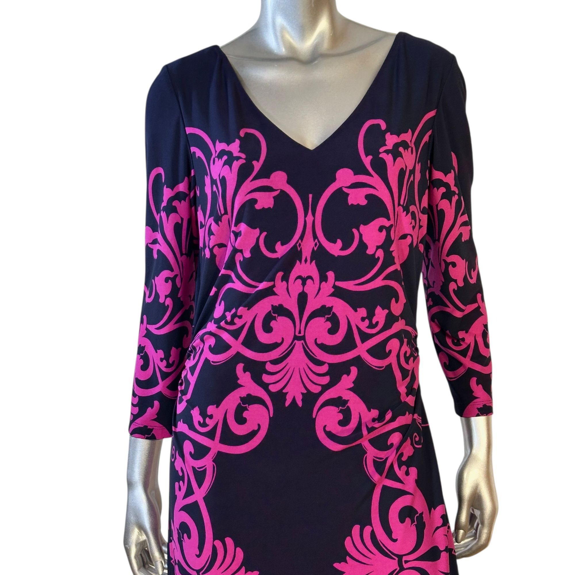 Other David Meister Black & Pink Scroll Print Midi DressV-Neck 3/4 Size XL / US 12-14 / IT 48-50 - 5 Thumbnail