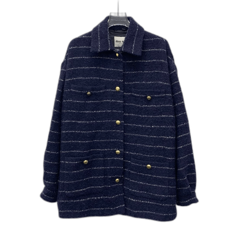 Prada MiuMiu Dark Blue Striped Wool Jacket Size US XS / EU 42 / 0 - 1 Thumbnail