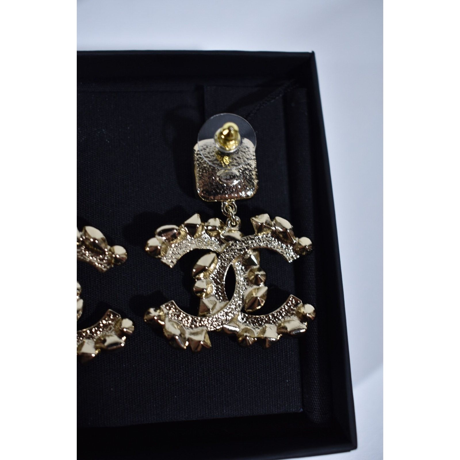 Chanel Chanel Gold Crystal Black XL Statement Stud Drop Earrings Size ONE SIZE - 11 Thumbnail