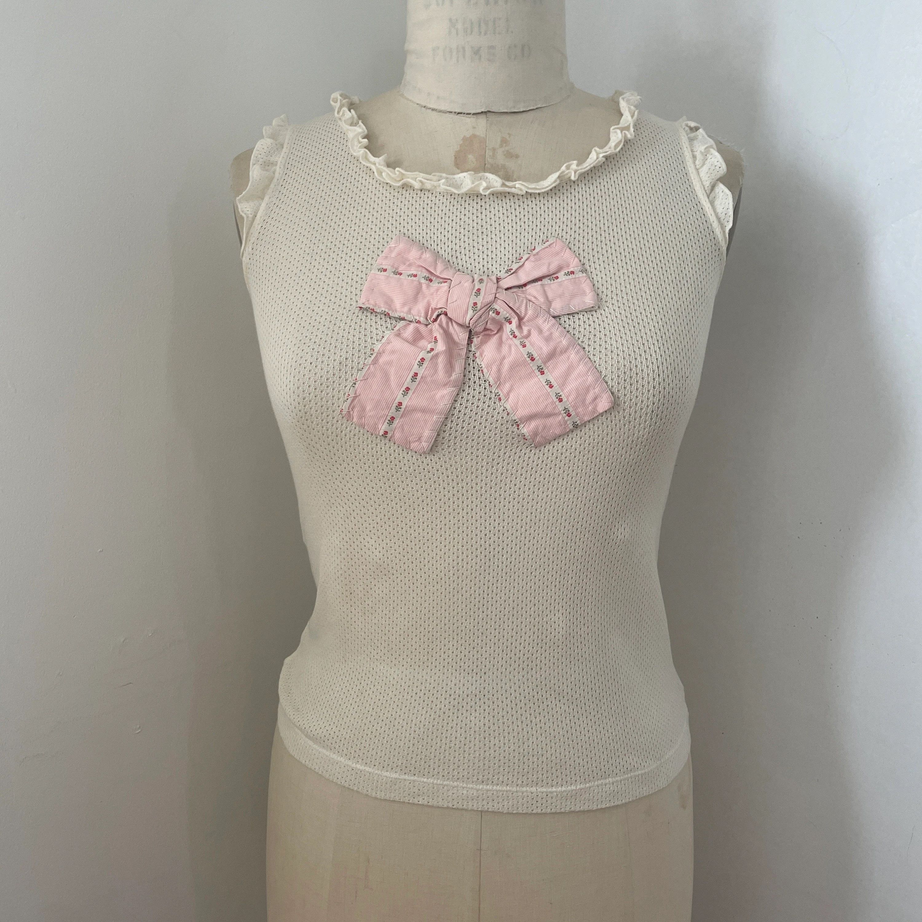 Moschino Moschino bow cream mesh jersey frilly tank top cotton shirt Size M / US 6-8 / IT 42-44 - 1 Thumbnail