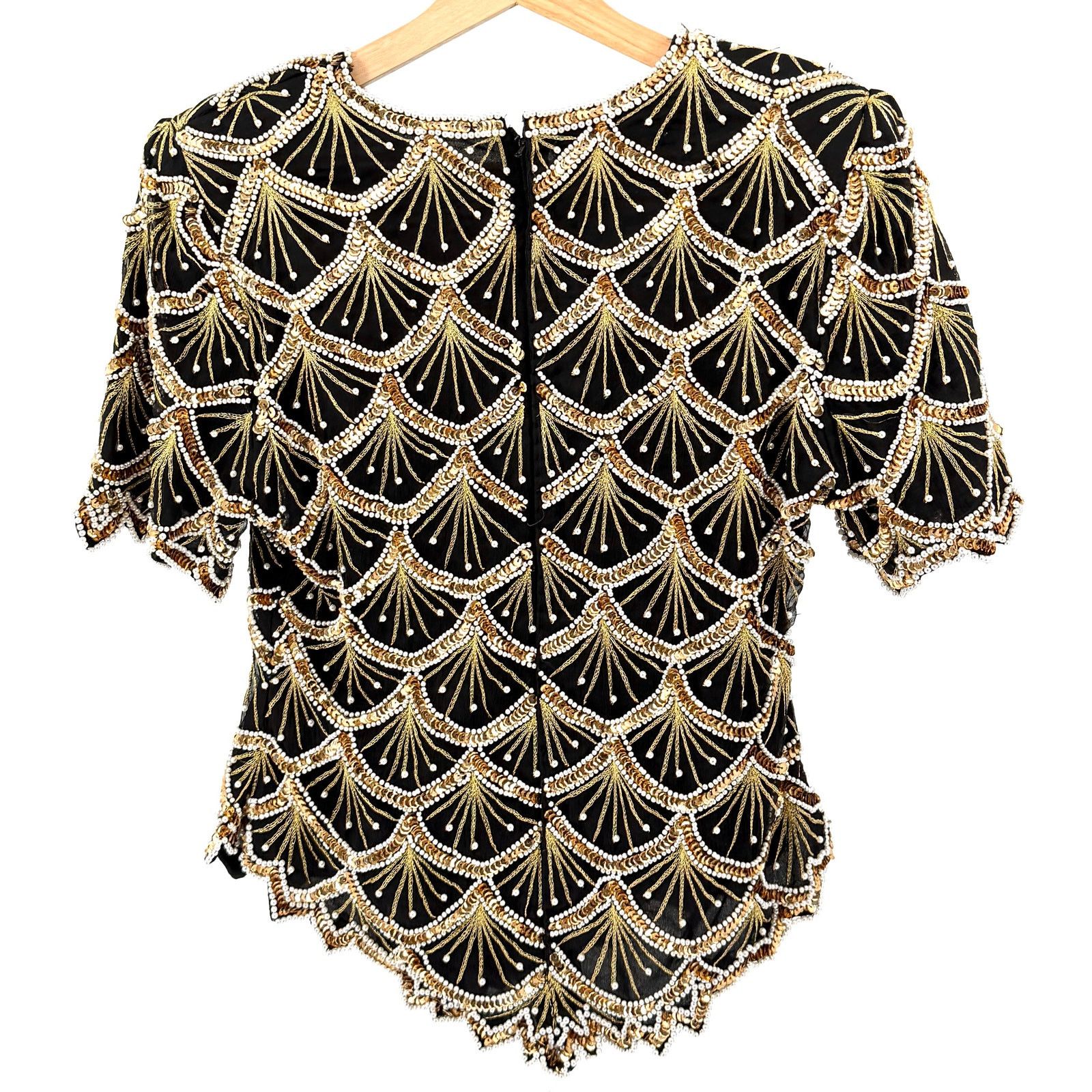 Vintage Vintage 80s Black 100% Silk Beaded Gold Sequin Pearl Top Size M / US 6-8 / IT 42-44 - 6 Thumbnail