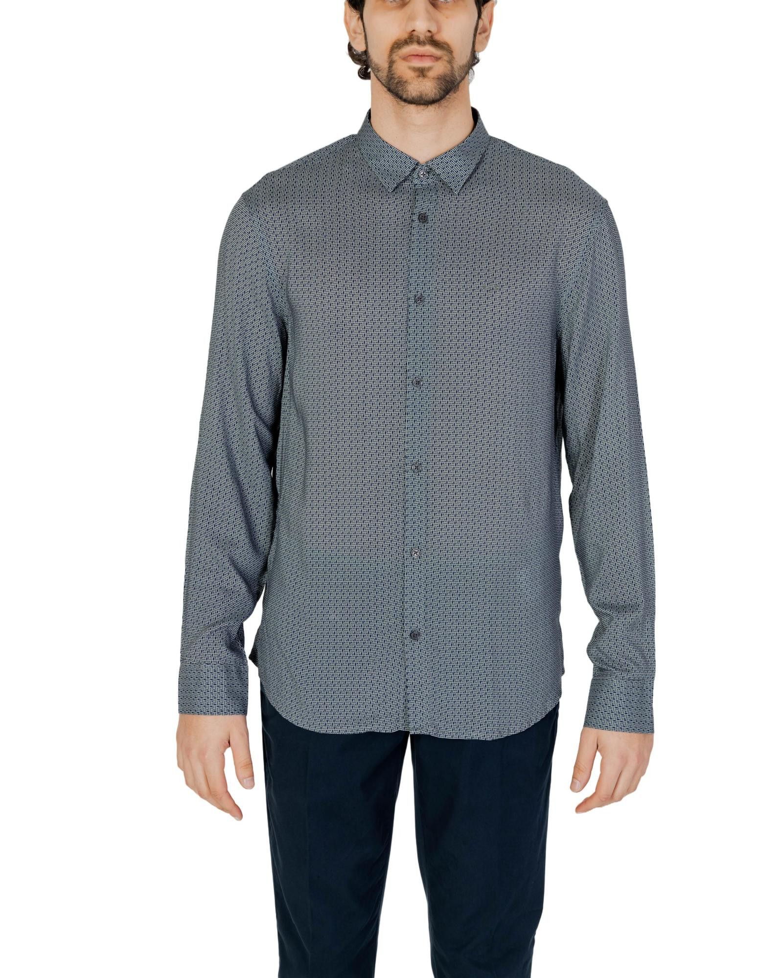 image of Armani Exchange Print Linen Shirt With Classic Collar in Grey, Men's (Size XL)