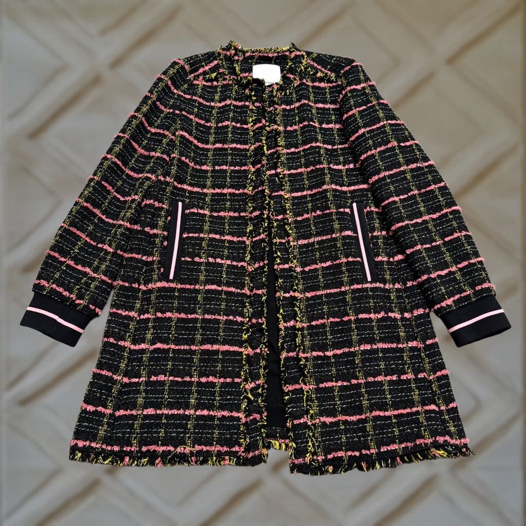 Pinko PINKO Black Pink Plaid Fringe Coat Jacket Womens 4 Mid Length Open Front Tweed Classic Designer Size S / US 4 / IT 40 - 1 Thumbnail