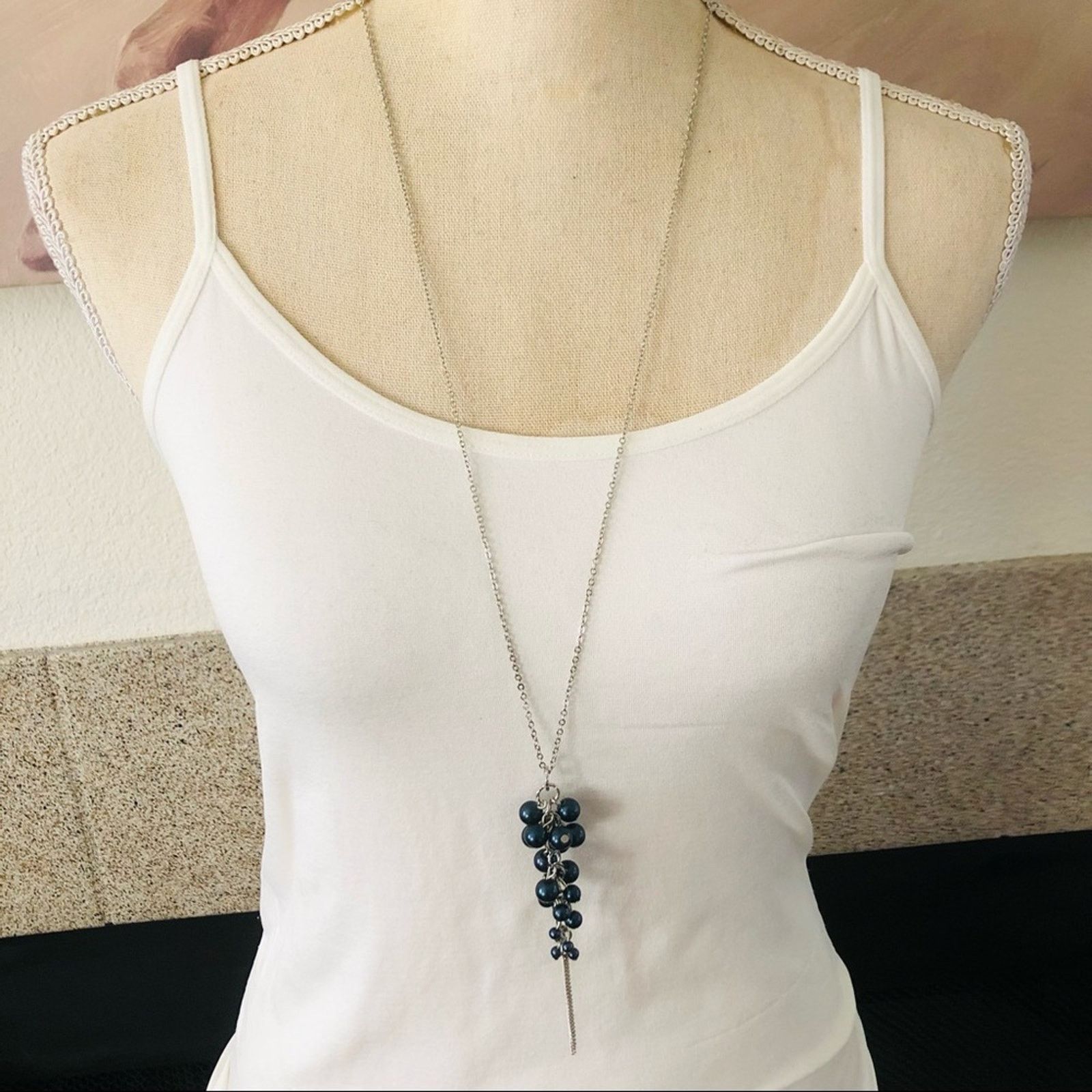 Jewelry Navy Pearl Cluster Long Length Chain Necklace in Blue, Women's