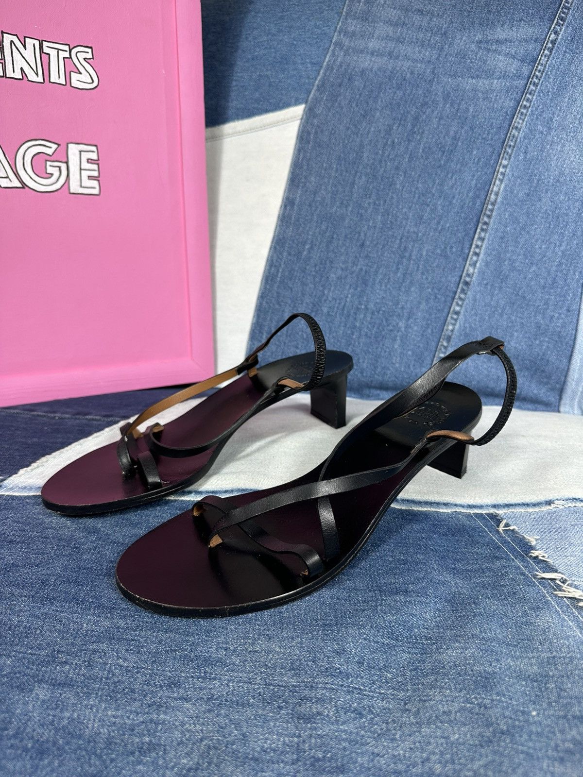 ATP Atelier ATP Atelier Nashi 50 Black Leather Sandals Heels Thin Strap Size US 9 / IT 39 - 1 Thumbnail