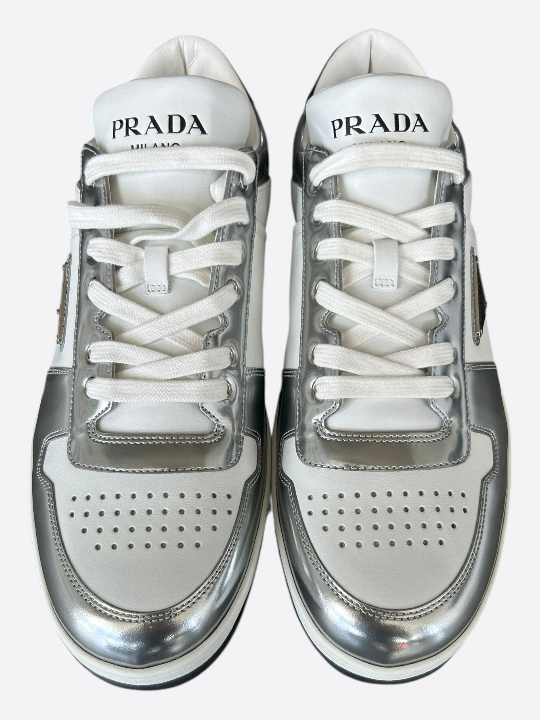 Prada Prada White & Silver Downtown Sneakers Size US 11 / EU 44 - 2 Thumbnail