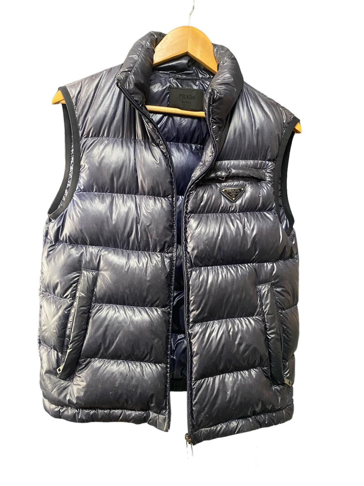 ジャケット・アウター prada triangle logo down vest navy PRADA Men Down Vest Blue Brown Leather Pads Triangle Logo