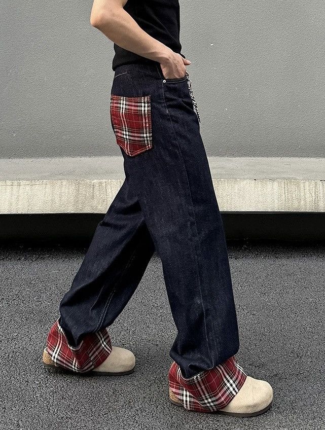 Avant garde fashion plaid loose fit jeans pants