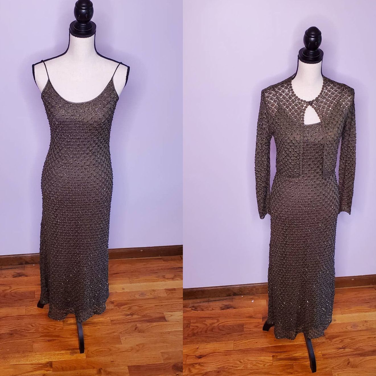 image of Set Carmen Marc Valvo Bronze Maxi Dress & Matching Cardi in Gold, Women's (Size Small)