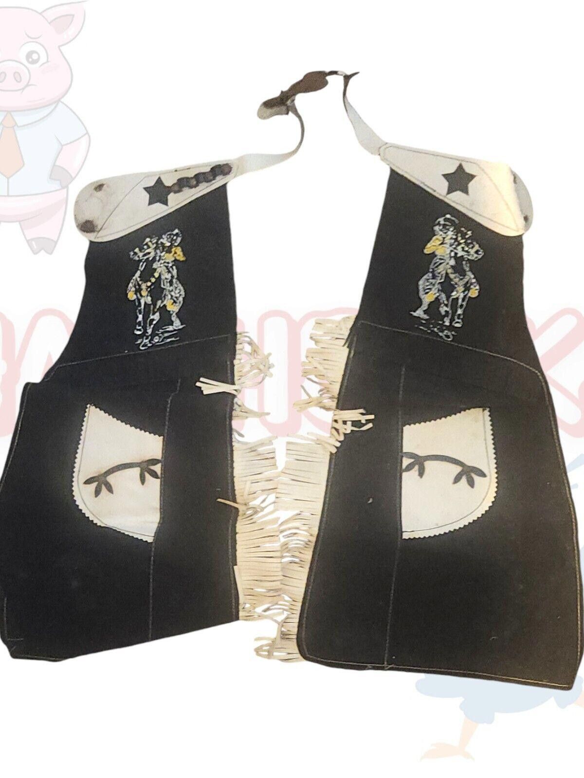 Designer Vintage Western Fringe Chaps Black Suede White Leather Kids Size ONE SIZE - 1 Thumbnail