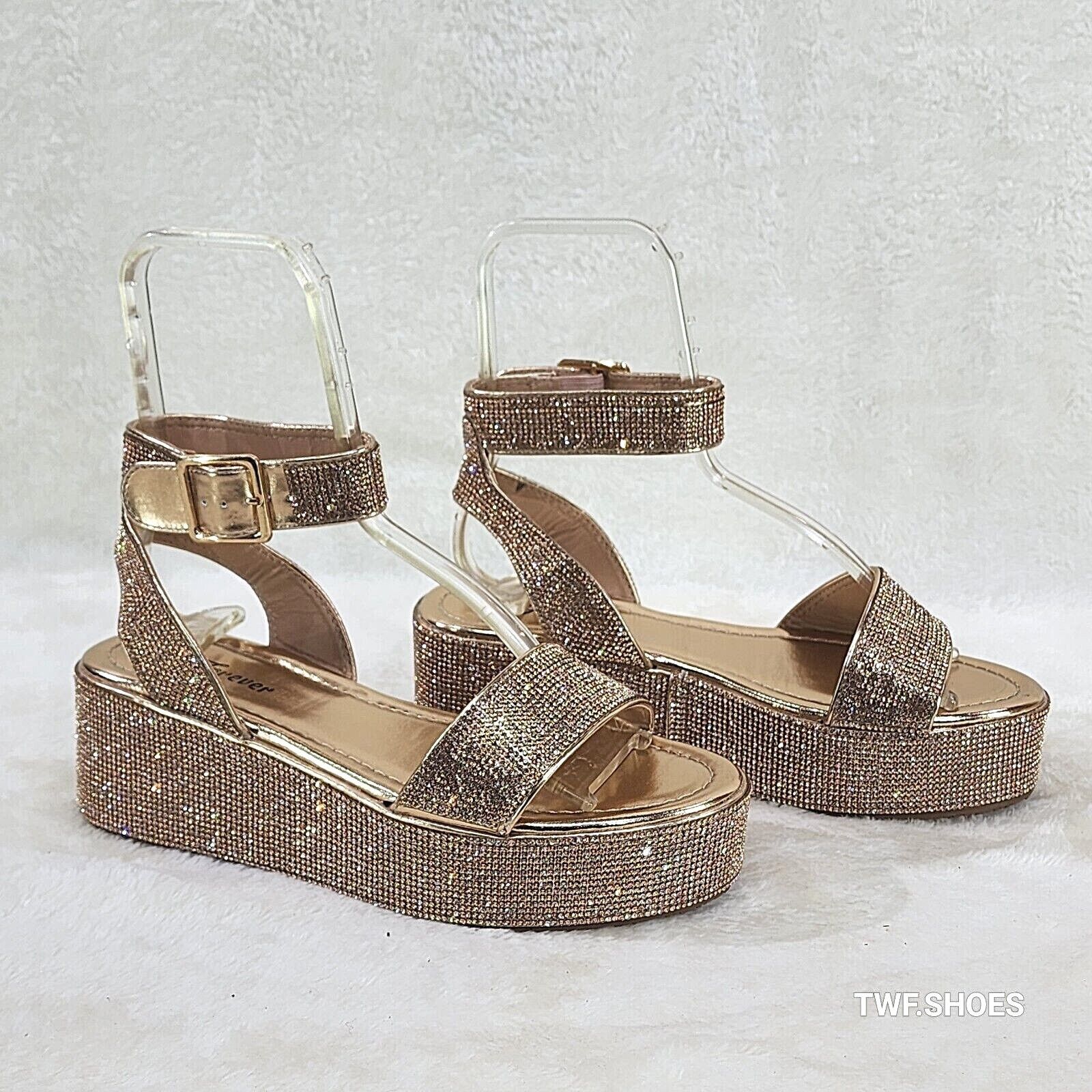Other Flashy Rose Gold Ankle Strap Sparkling Rhinestone Wedge 2" P Size US 9 / IT 39 - 1 Thumbnail