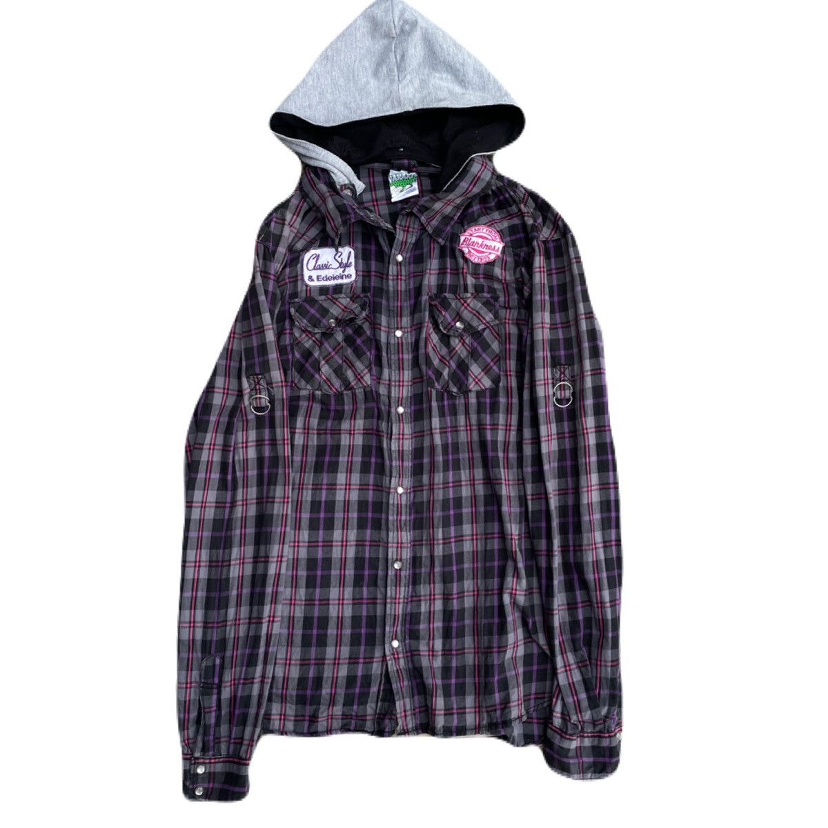 If Six Was Nine 2000s Japanese archive Vkei Patch Plaid Hooded Shirts Gyaruo Size US M / EU 48-50 / 2 - 2 Thumbnail