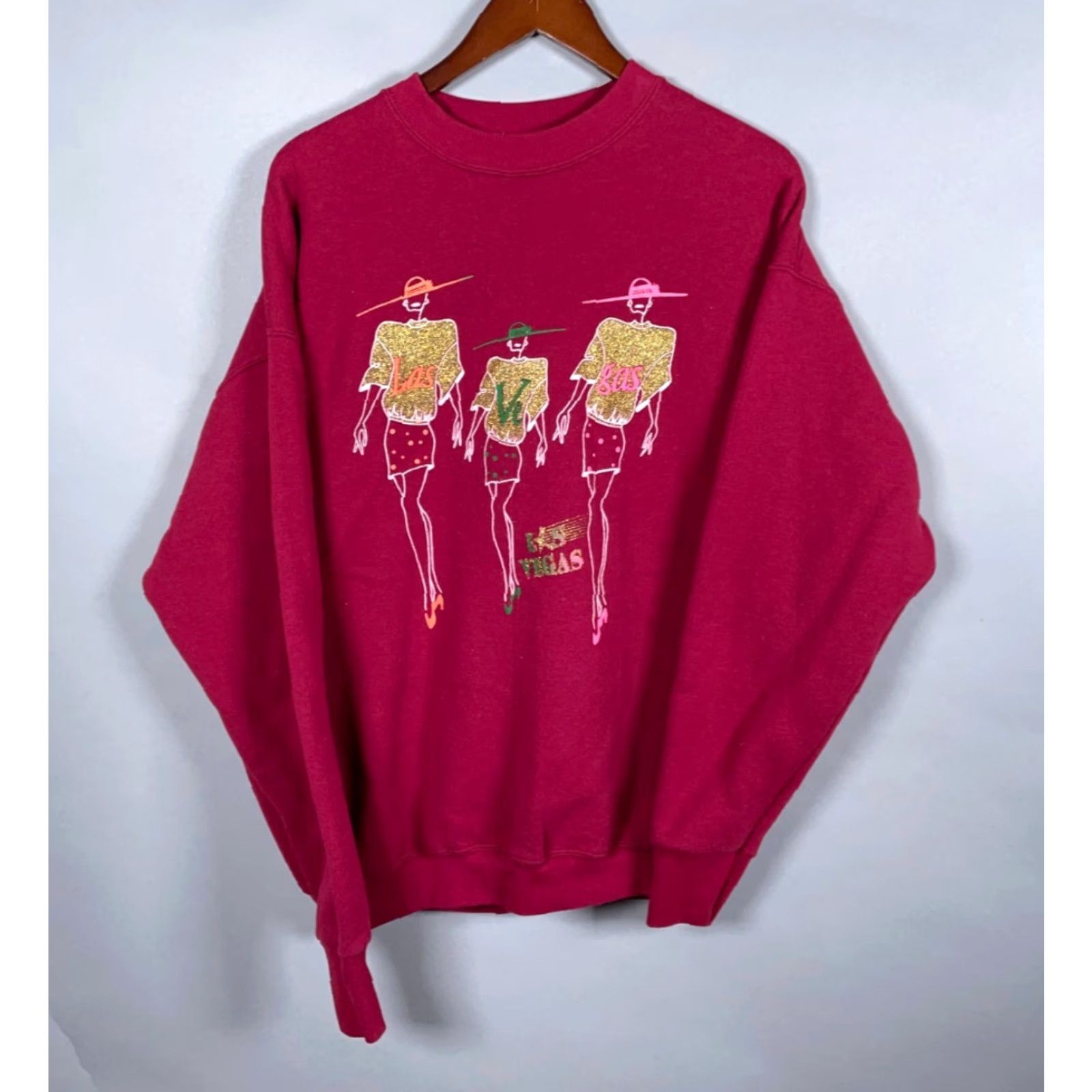 Vintage VTG Las Vegas Glittery Hat Ladies Sweatshirt Adult XL Dark Red Crewneck Size XL / US 12-14 / IT 48-50 - 2 Thumbnail