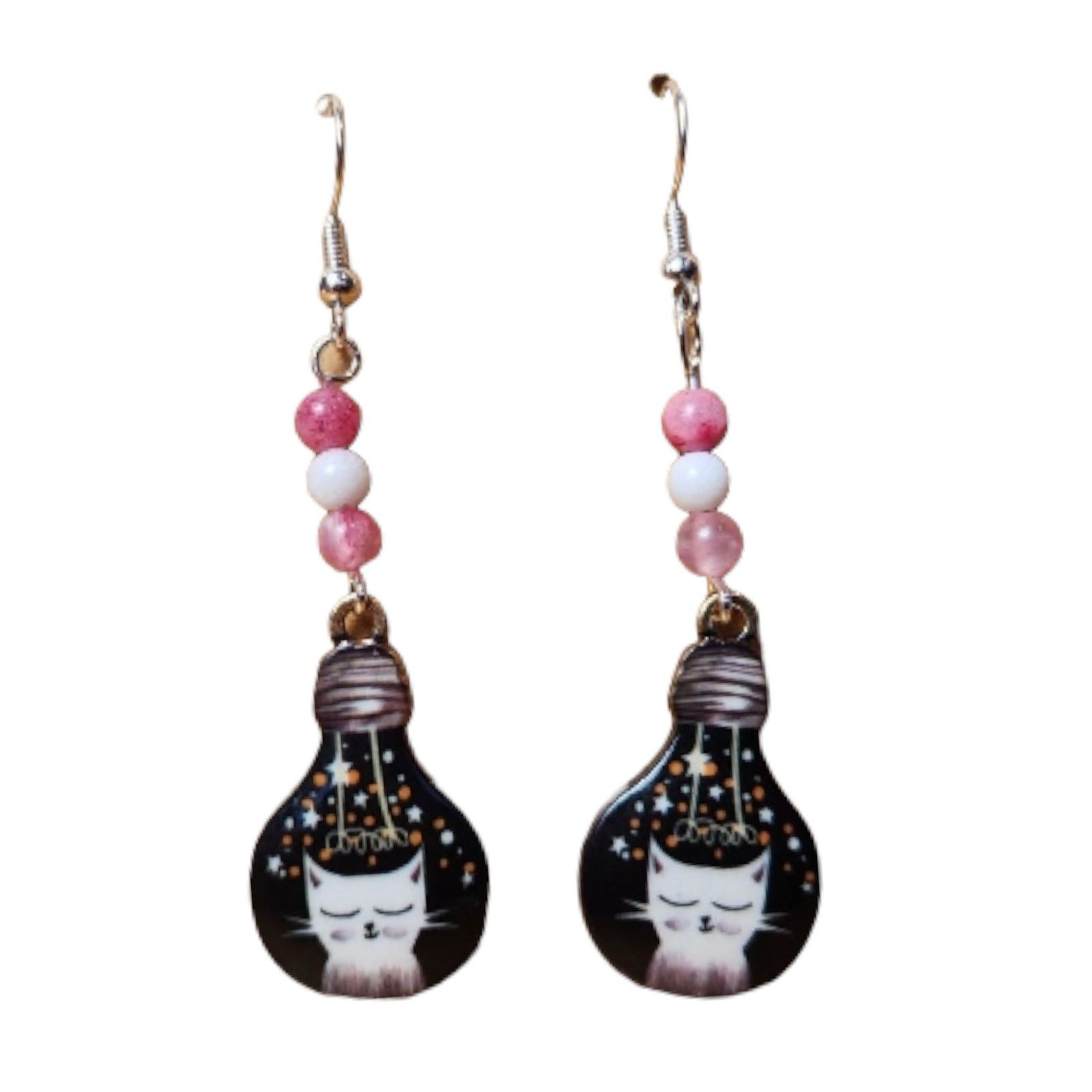 Other Handmade Cat Lightbulb Earrings Pink White Jade Beads Size ONE SIZE - 3 Thumbnail