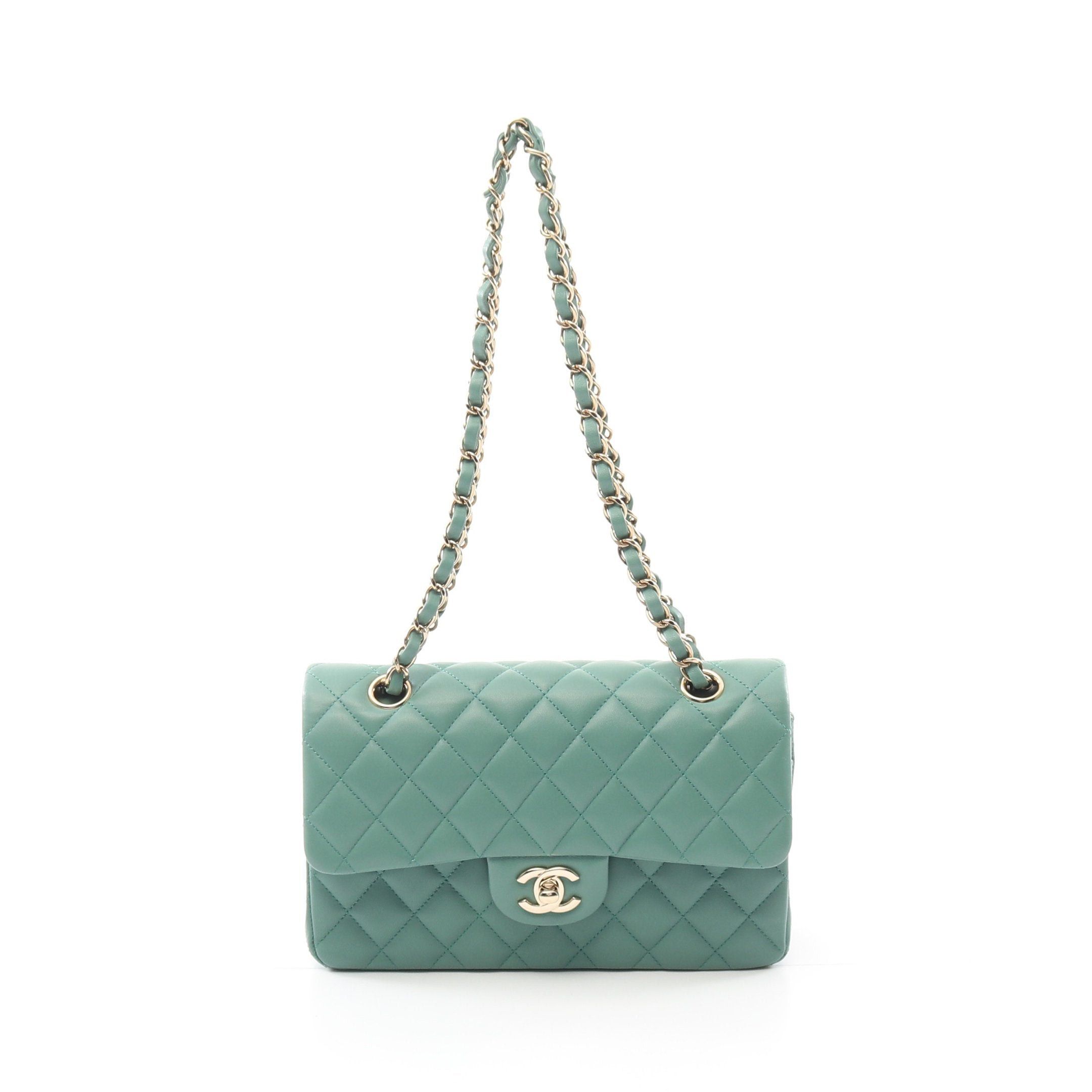 Chanel Matelasse Double Flap Chain Shoulder Bag Lambskin Green Gold Hardware, Women's