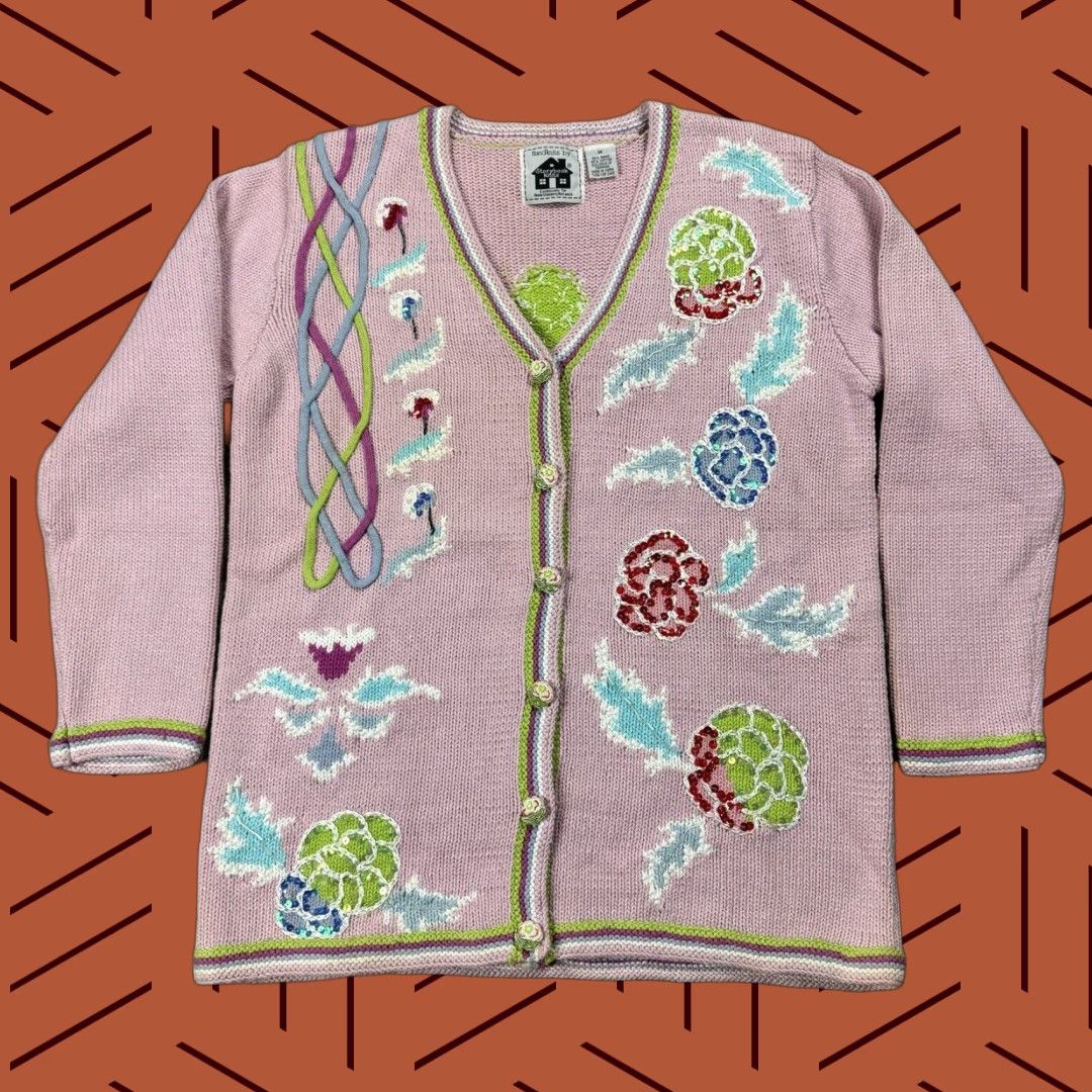 Vintage VINTAGE Storybook Knits Floral Beaded Cardigan Sweater Adult Medium Pink Green Art Size M / US 6-8 / IT 42-44 - 1 Thumbnail