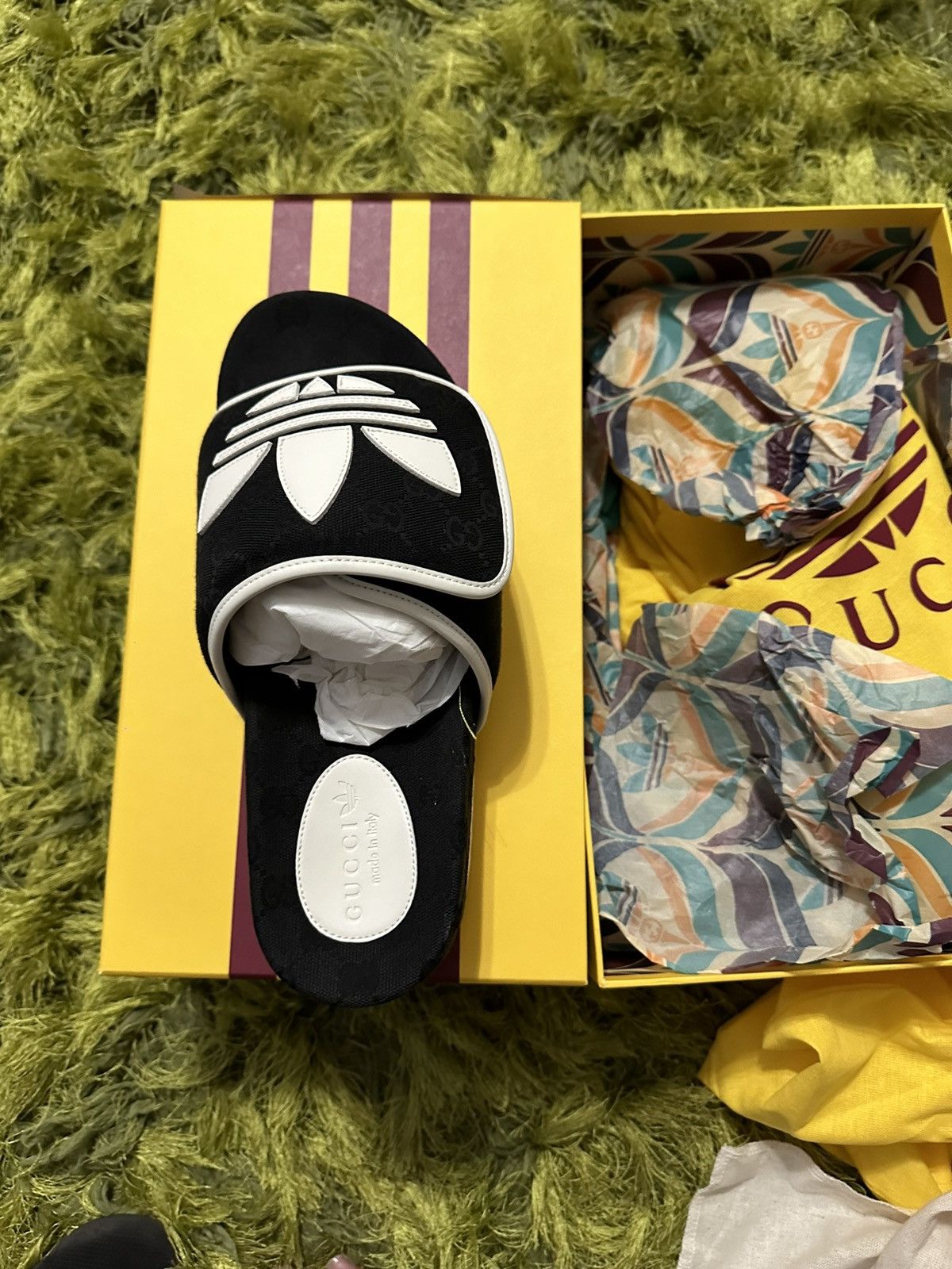 image of Designer Gucci Adidas Black Monogram Sandals, Men's (Size 10)