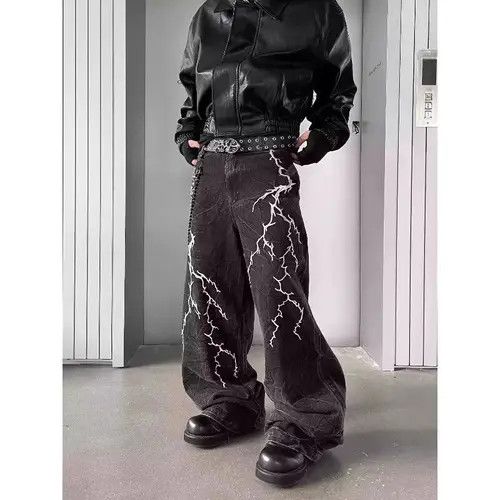VIBE Oversized Baggy Lightning Print Wide Leg Jeans Size US 30 / EU 46 - 1 Thumbnail