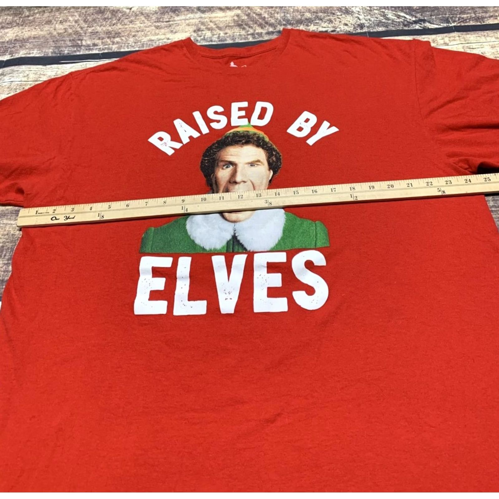 Vintage Buddy ELF "Raised by Elves" Christmas TShirt Size 2XL Red Mens XMas Elf Shirt Crew Neck Cotton Jersey Graphic Print Size US XXL / EU 58 / 5 - 6 Thumbnail