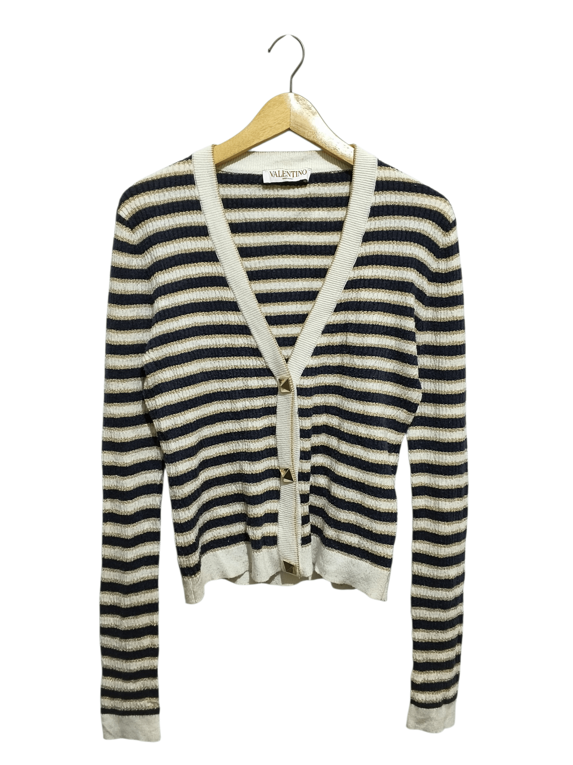 Valentino 🔥Valentino Navy,Cream & Gold Lurex Striped Cropped Cardigan Size M / US 6-8 / IT 42-44 - 6 Thumbnail