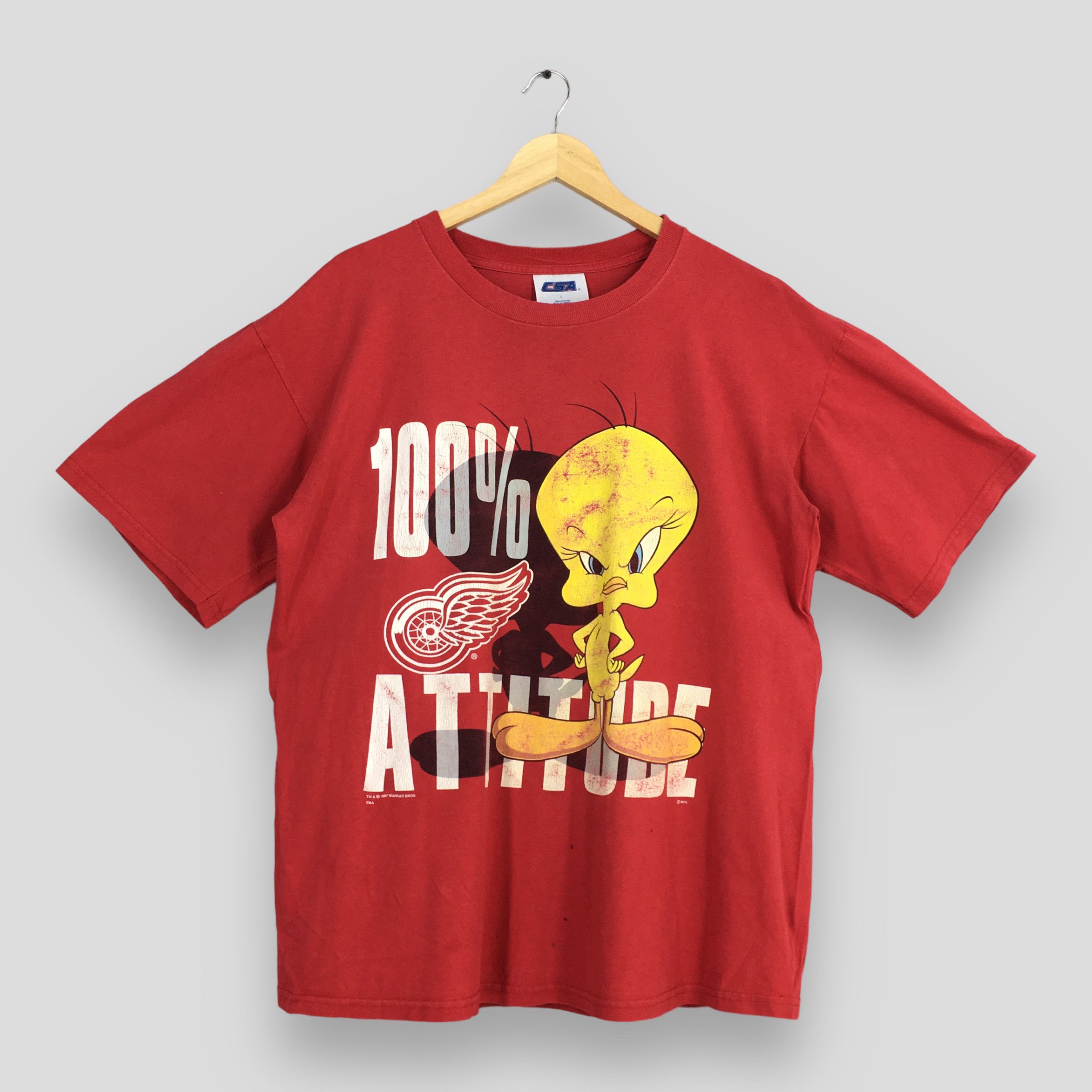 NHL × Warner Bros Vintage 90's Detroit Red Wings Tweety Nhl Red T shirt L Size US L / EU 52-54 / 3 - 1 Thumbnail