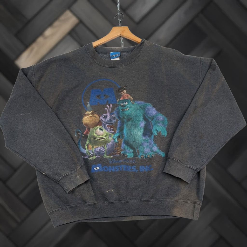 Vintage Monsters Inc Sweatshirt Men 1XL Gray Distressed Disney Pixar Grunge Movie Y2K in Black, Men's