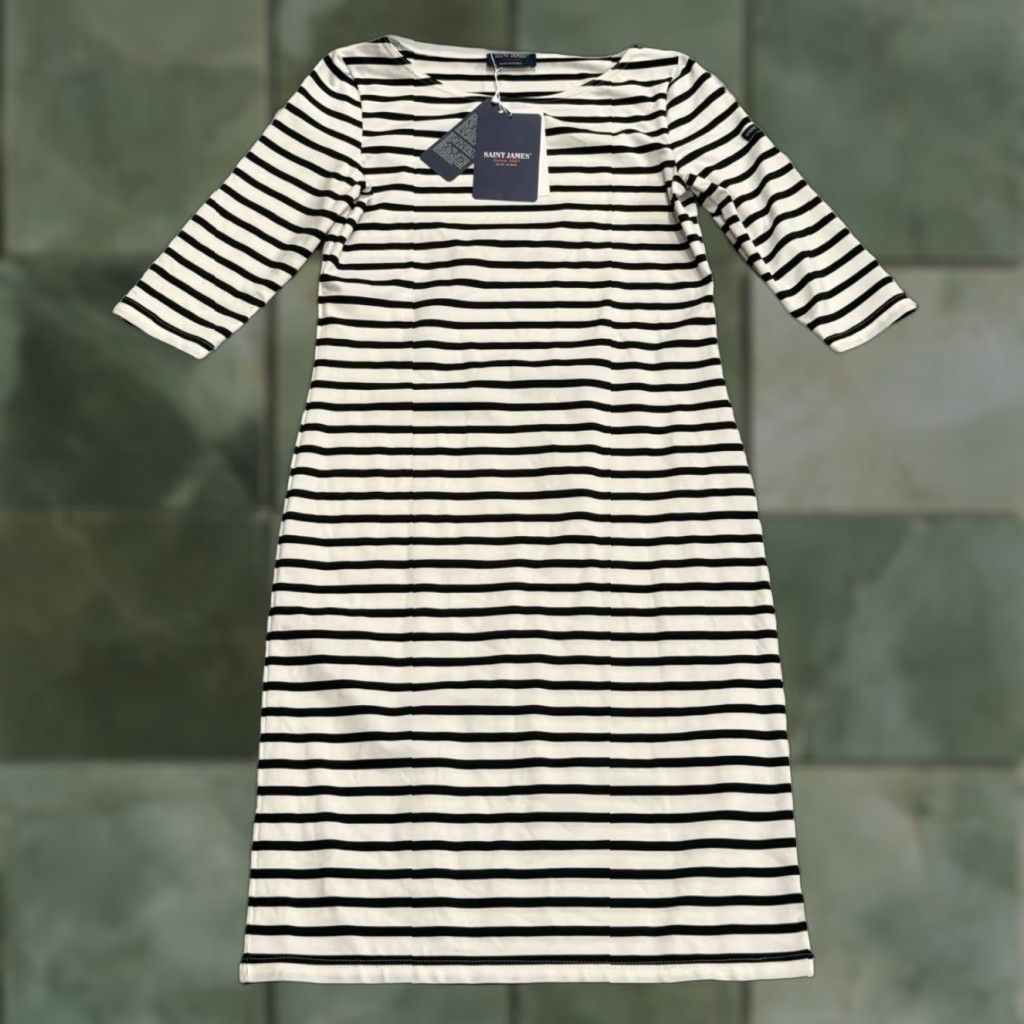 Saint James SAINT JAMES Dress Nautical Stripe Knee Length Navy White 3/4 Sleeve Round Neck Pullover Sheath/Shift Jersey 4 Womens Size S / US 4 / IT 40 - 1 Thumbnail