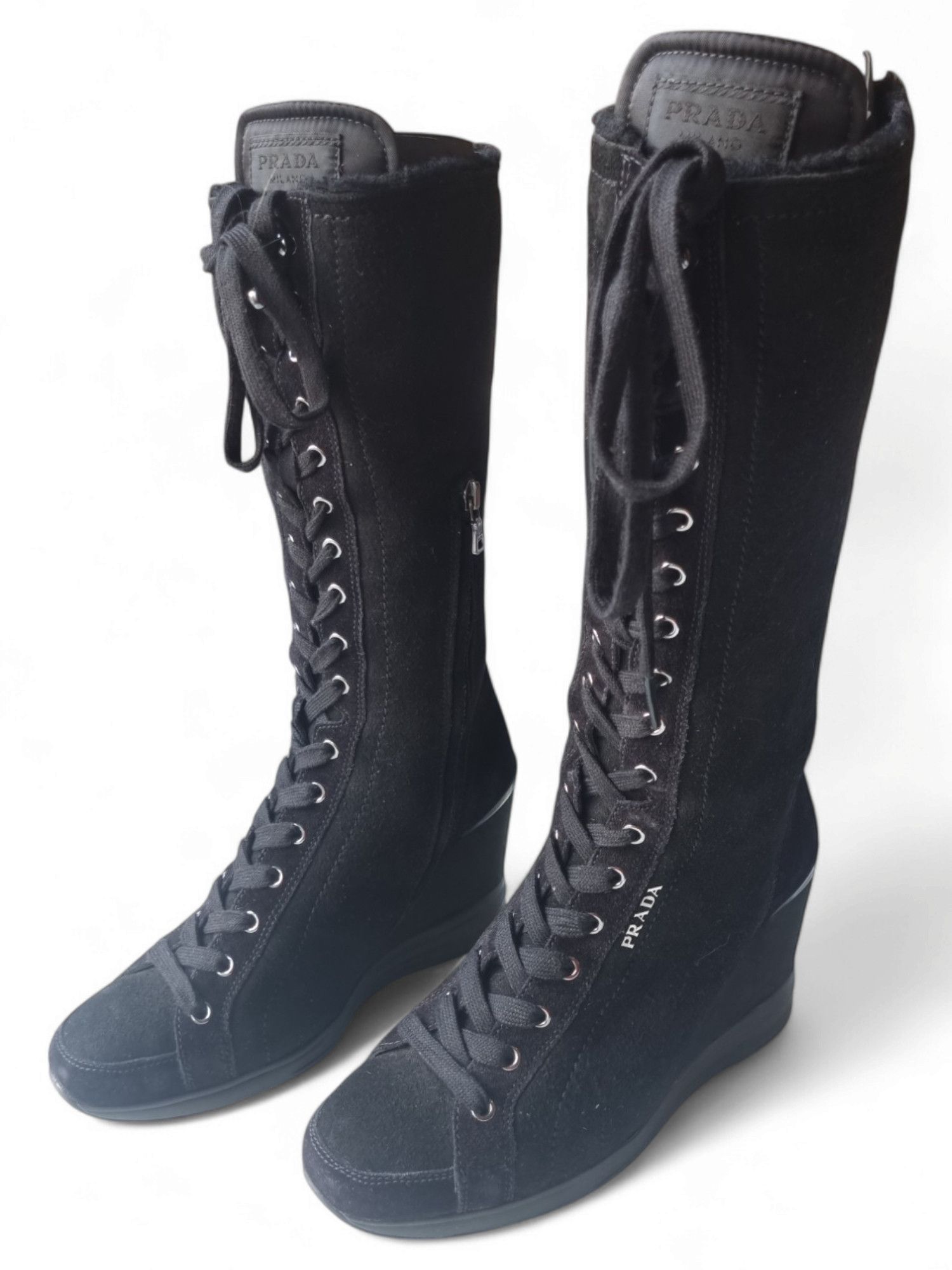 Prada Box Prada Suede Sheepskin Wedge Lace Up Leather Upper Boots Size US 6 / IT 36 - 3 Thumbnail