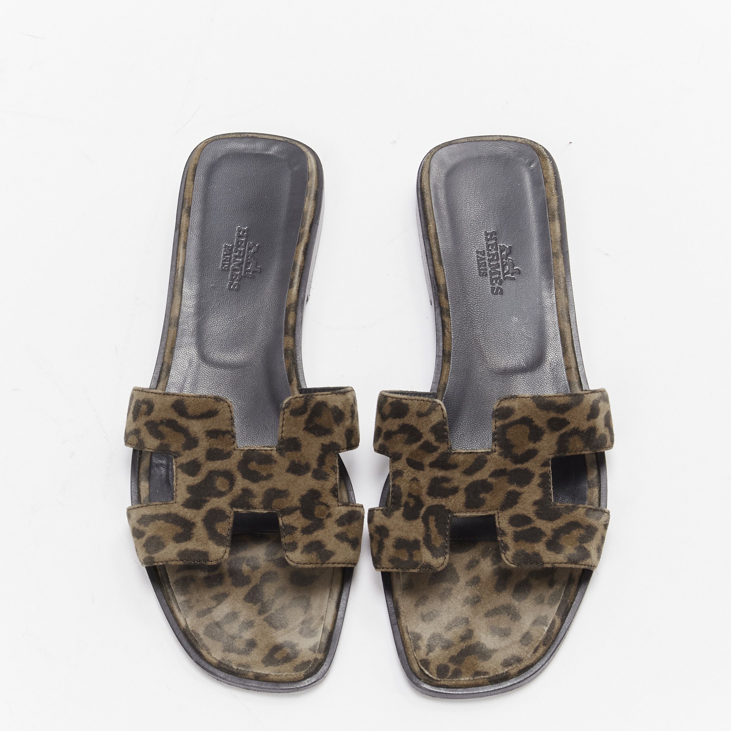 Hermes HERMES Oran H logo signature brown leopard print leather sandals EU37 Size US 7 / IT 37 - 1 Thumbnail
