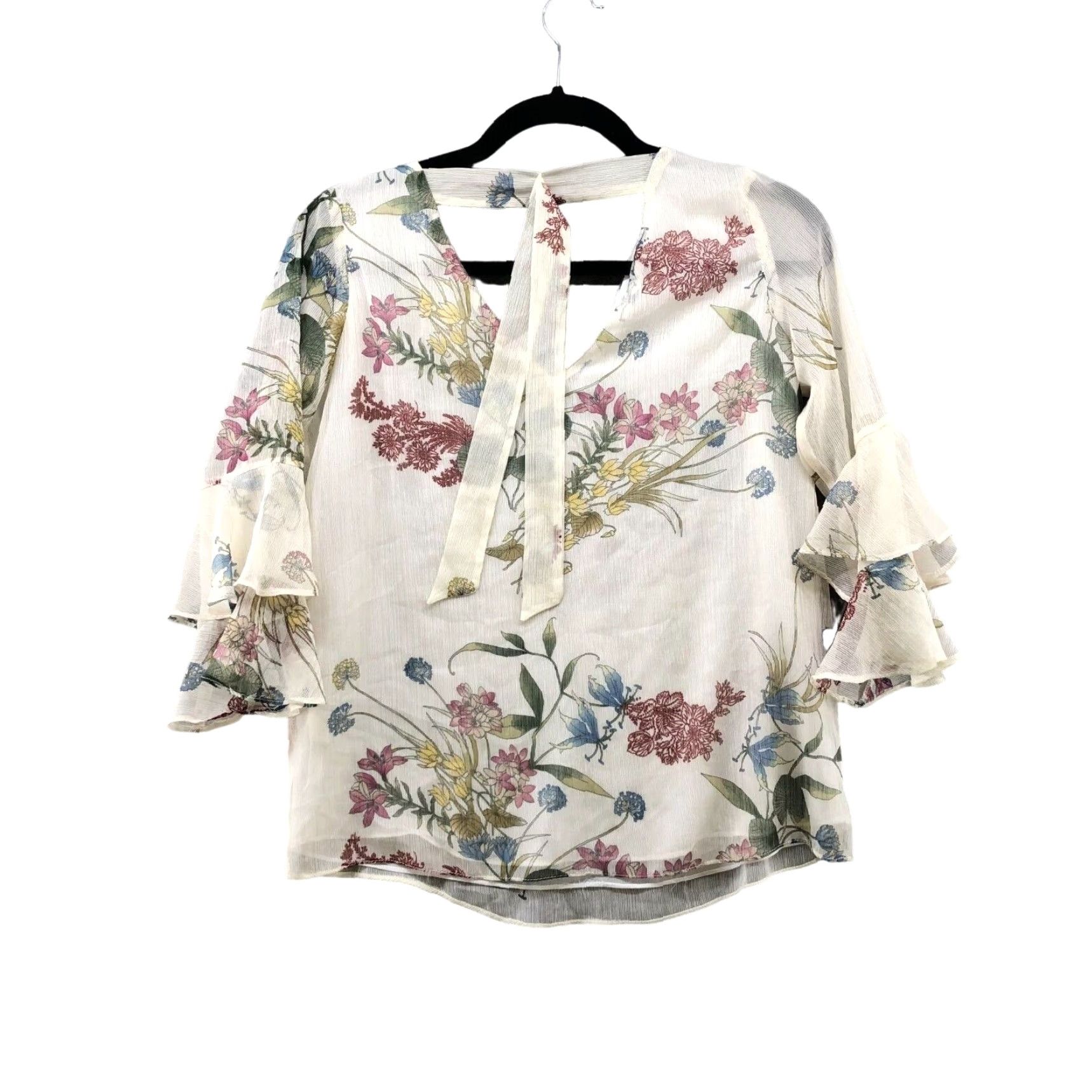 River Island River Island Womens Floral Blouse Size 2 Tiered Ruffle Sleeve Beige V-neck Size XS / US 0-2 / IT 36-38 - 2 Thumbnail